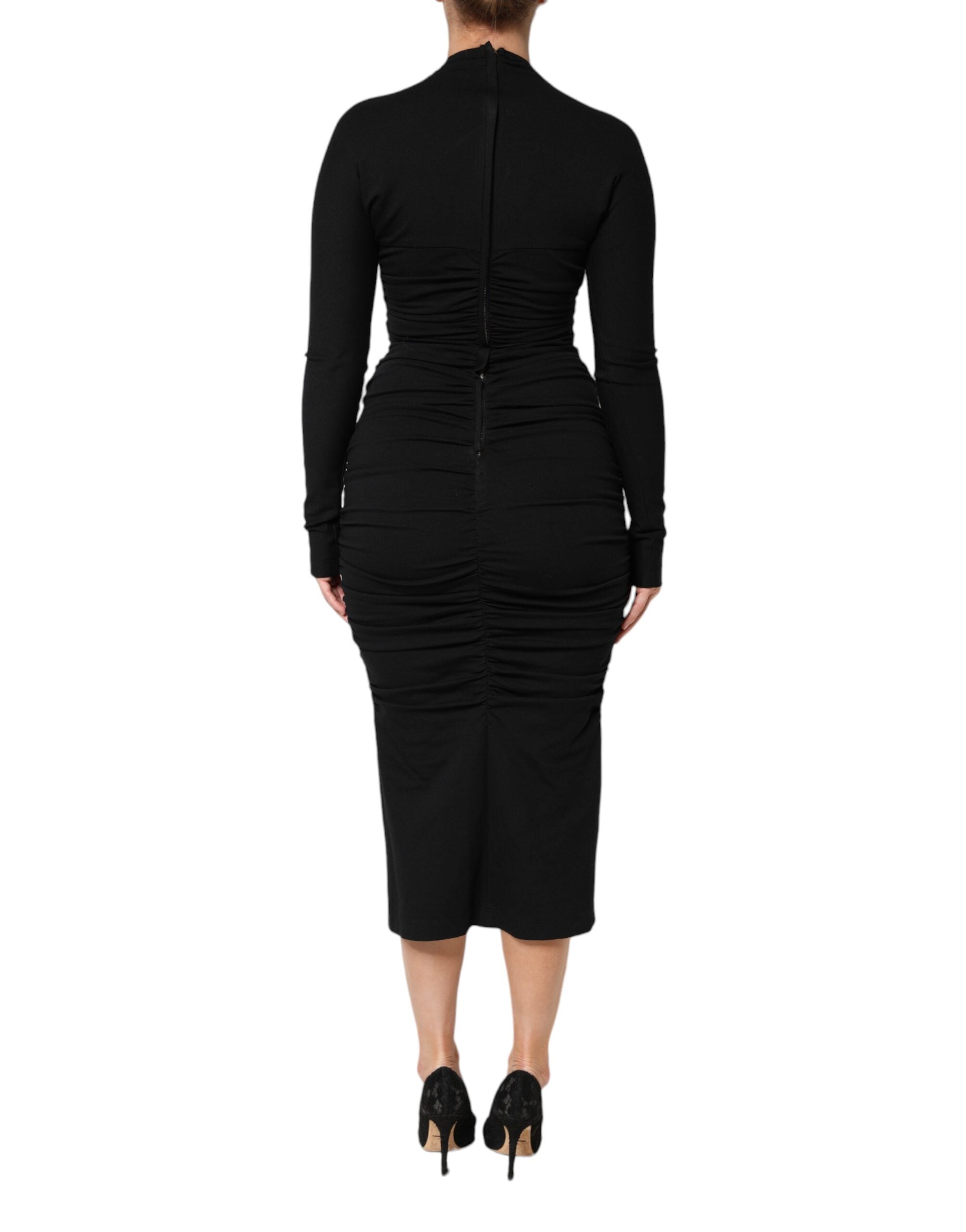Black Long Sleeves Sheath Midi Dress - ventzia