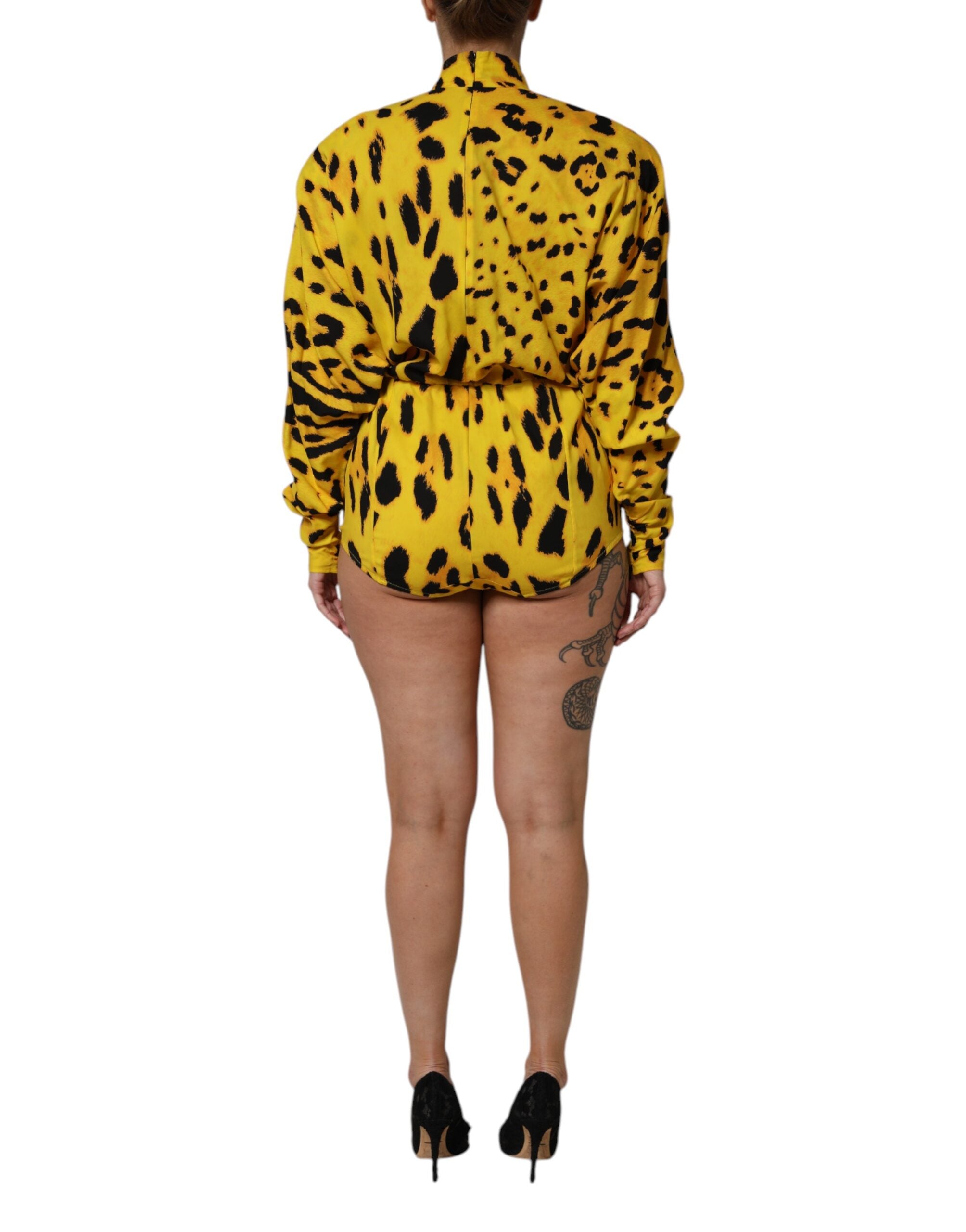 Yellow Leopard Long Sleeves Jumpsuit Dress - ventzia
