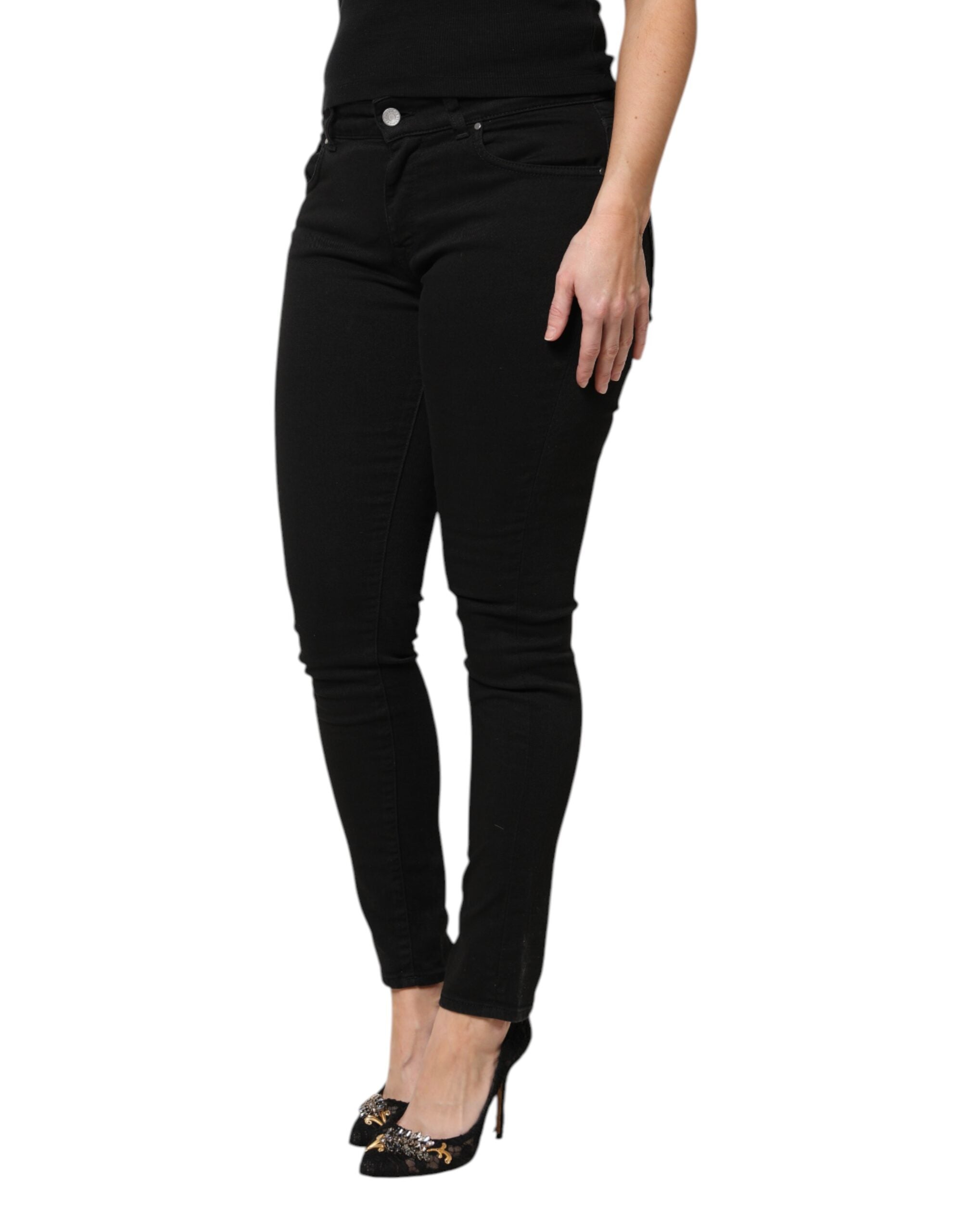 Black Cotton Logo Mid Waist Skinny Denim Jeans - ventzia