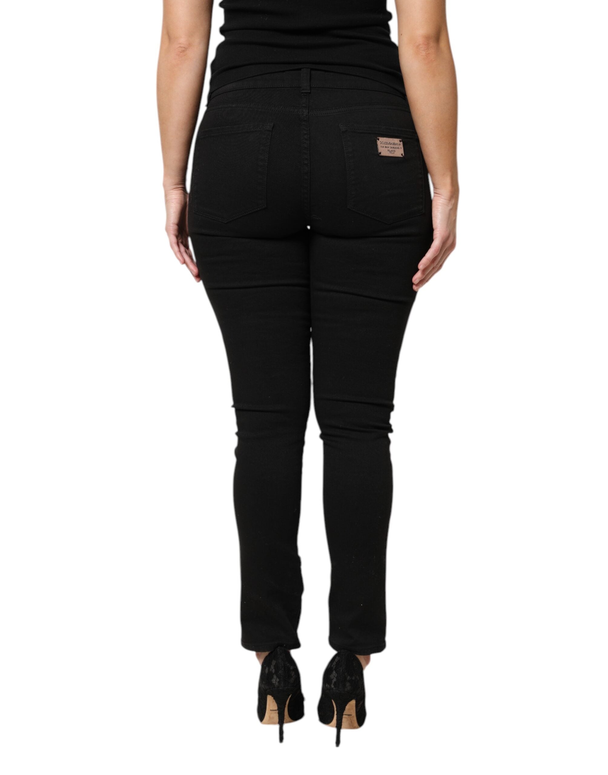 Black Cotton Logo Mid Waist Skinny Denim Jeans - ventzia