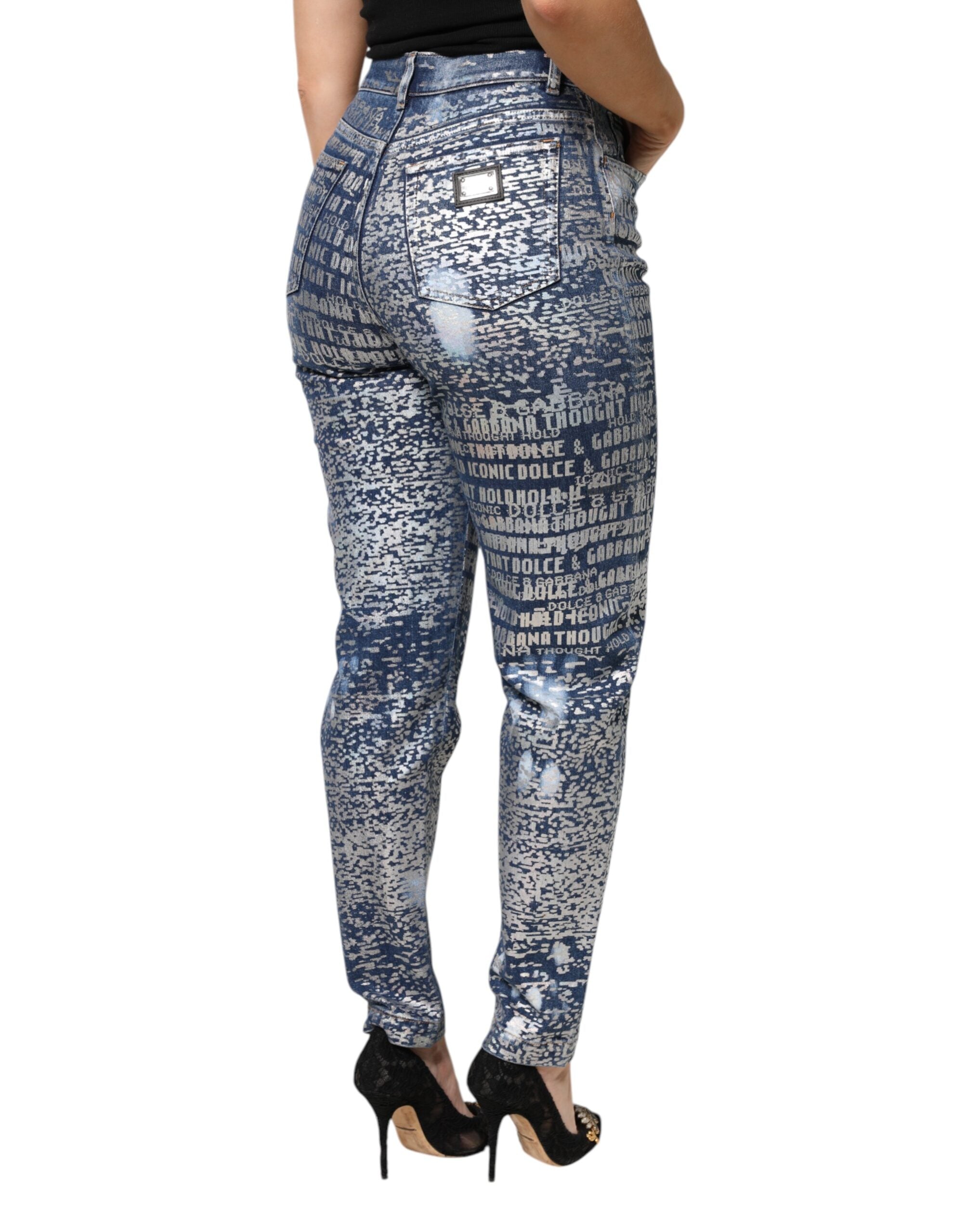 Blue Washed Print High Waist Denim Jeans - ventzia