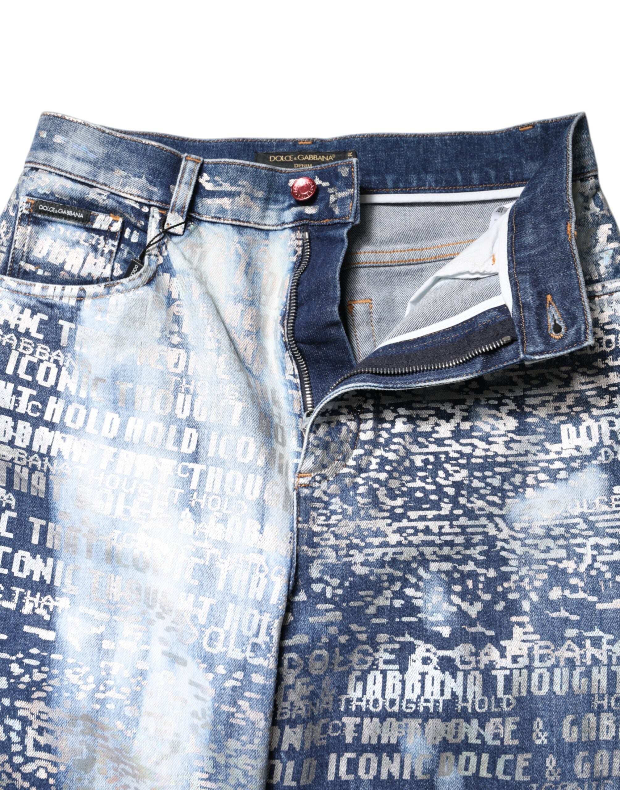Blue Washed Print High Waist Denim Jeans - ventzia