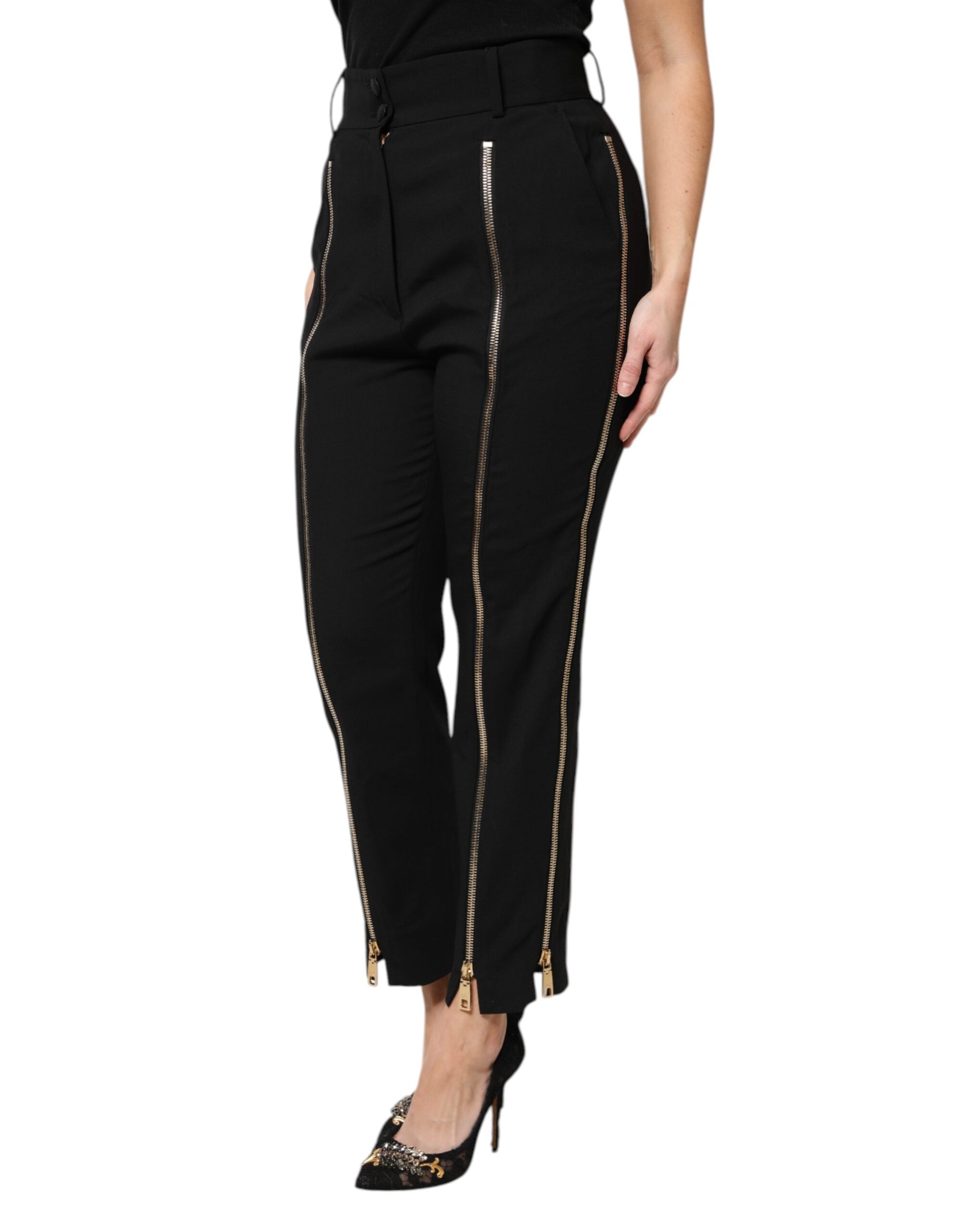 Black Wool High Waist Zipper Tapered Pants - ventzia