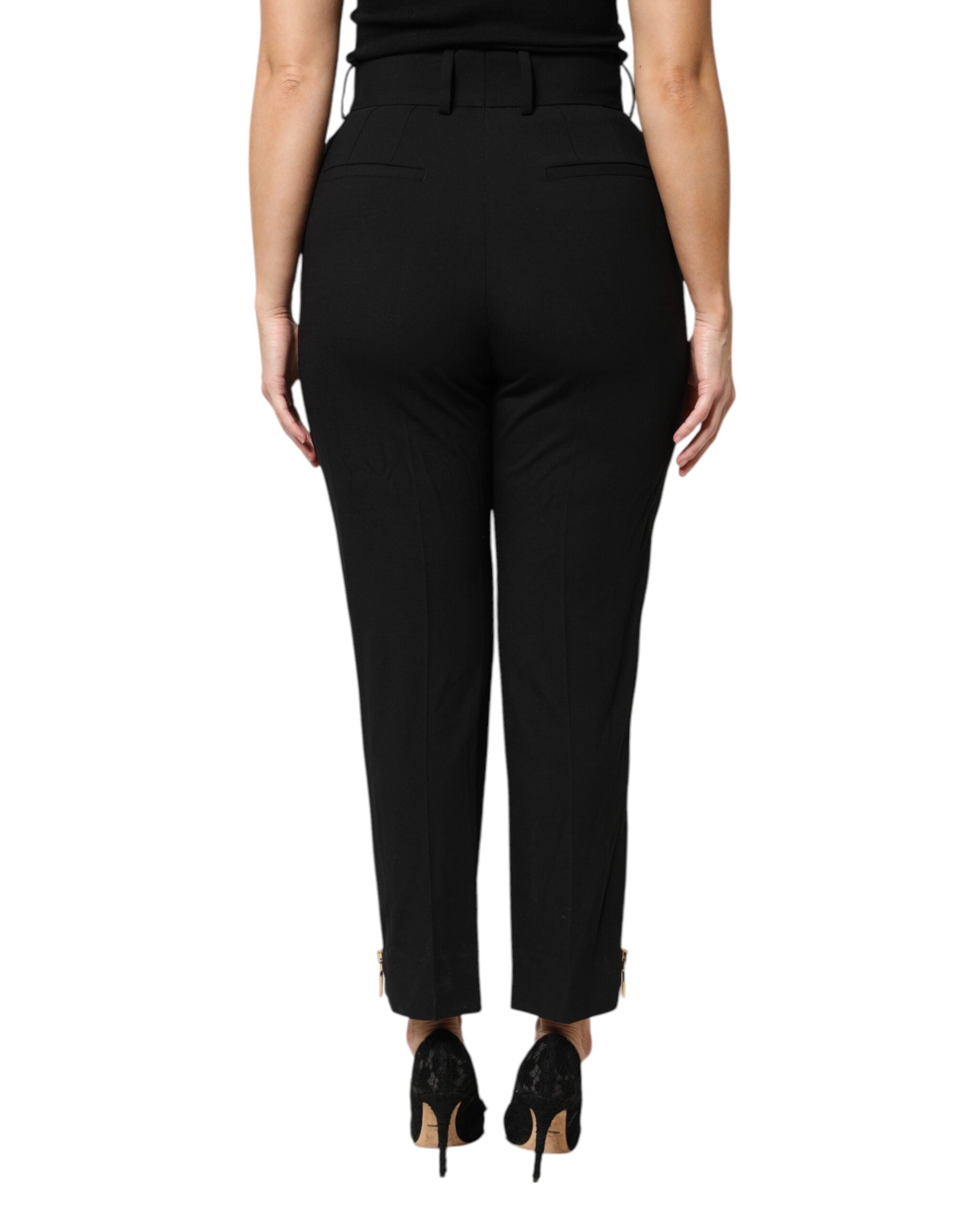 Black Wool High Waist Zipper Tapered Pants - ventzia