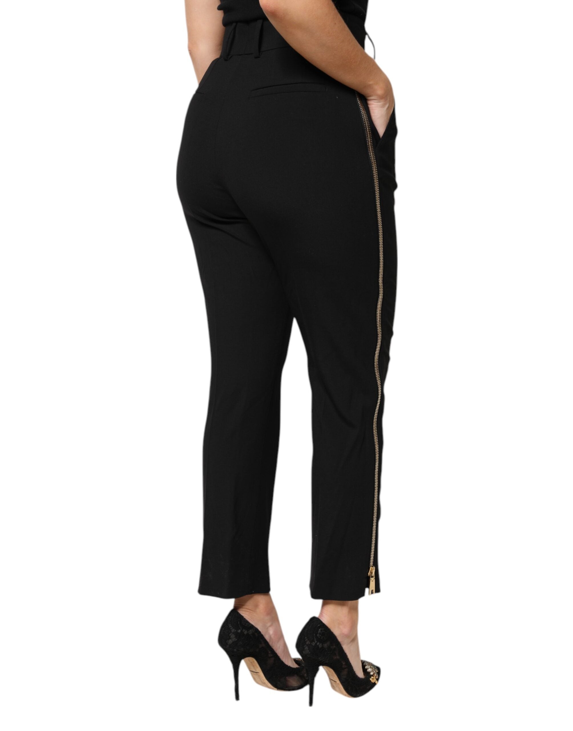 Black Wool High Waist Zipper Tapered Pants - ventzia