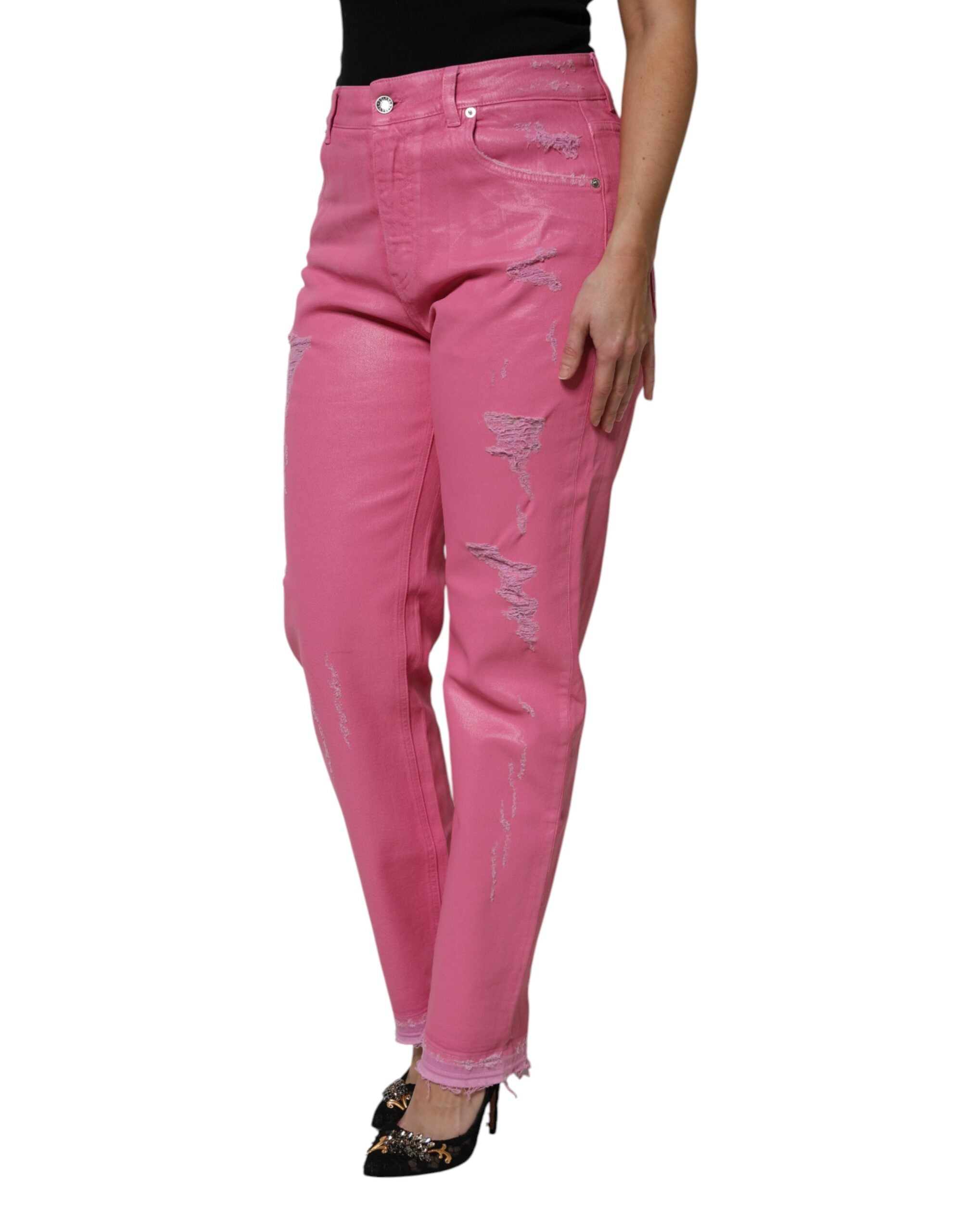 Pink Tattered Mid Waist Tapered Denim Jeans - ventzia