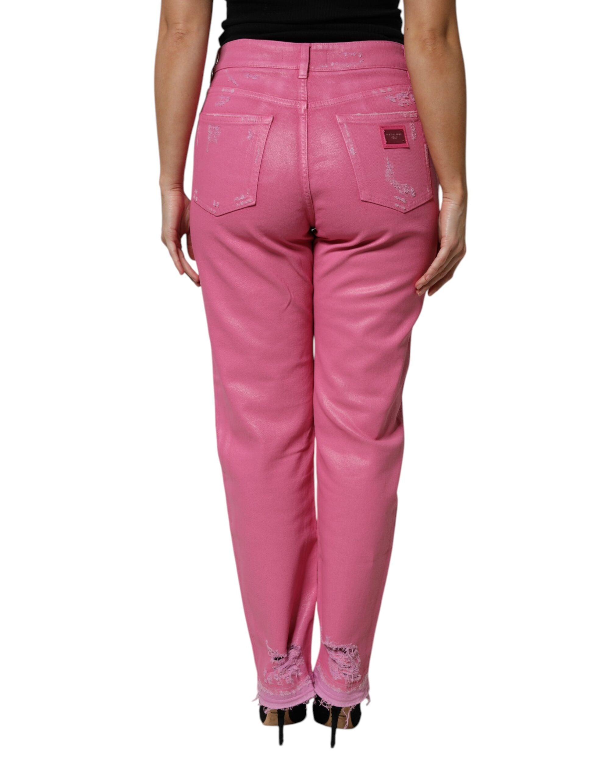 Pink Tattered Mid Waist Tapered Denim Jeans - ventzia