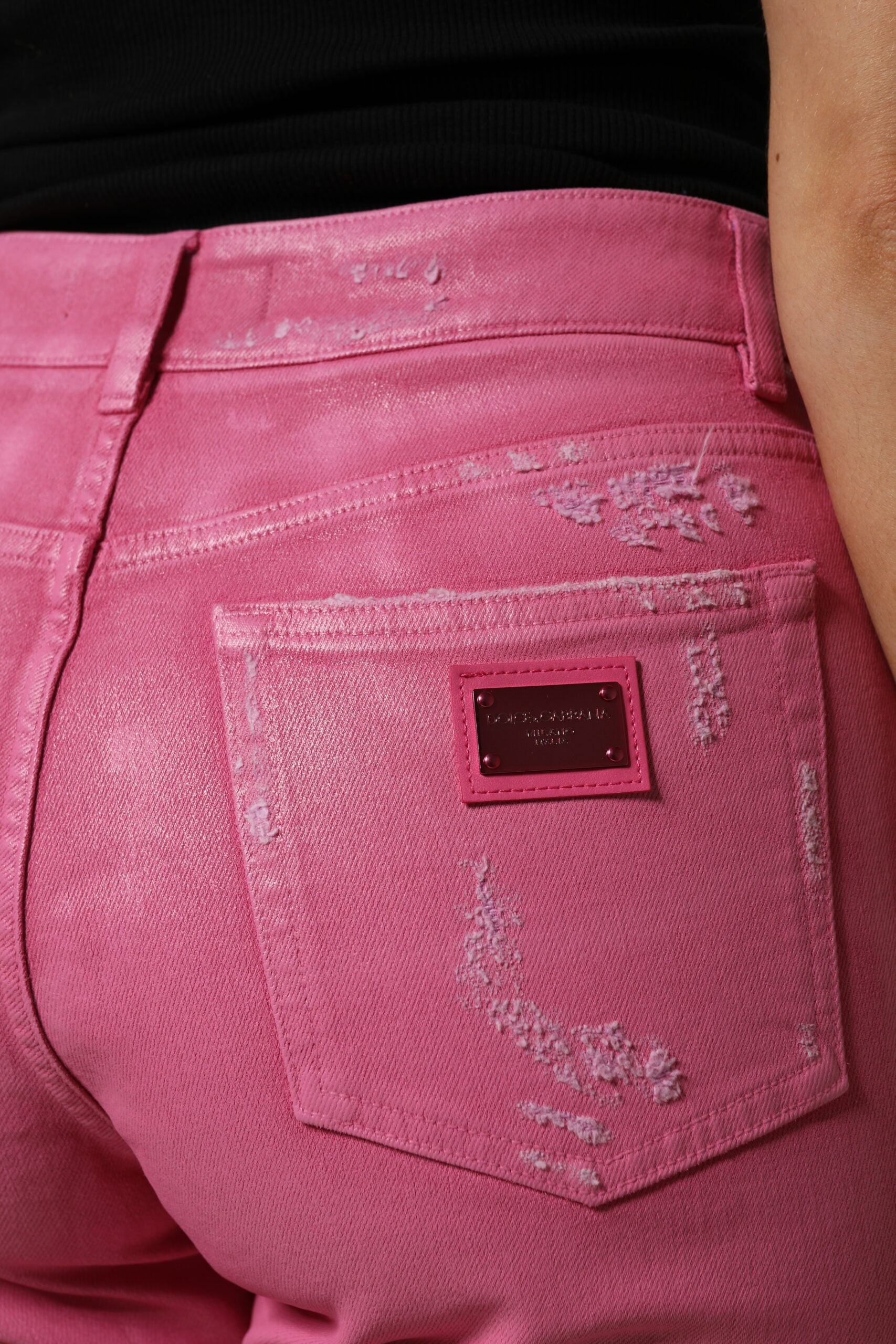 Pink Tattered Mid Waist Tapered Denim Jeans - ventzia