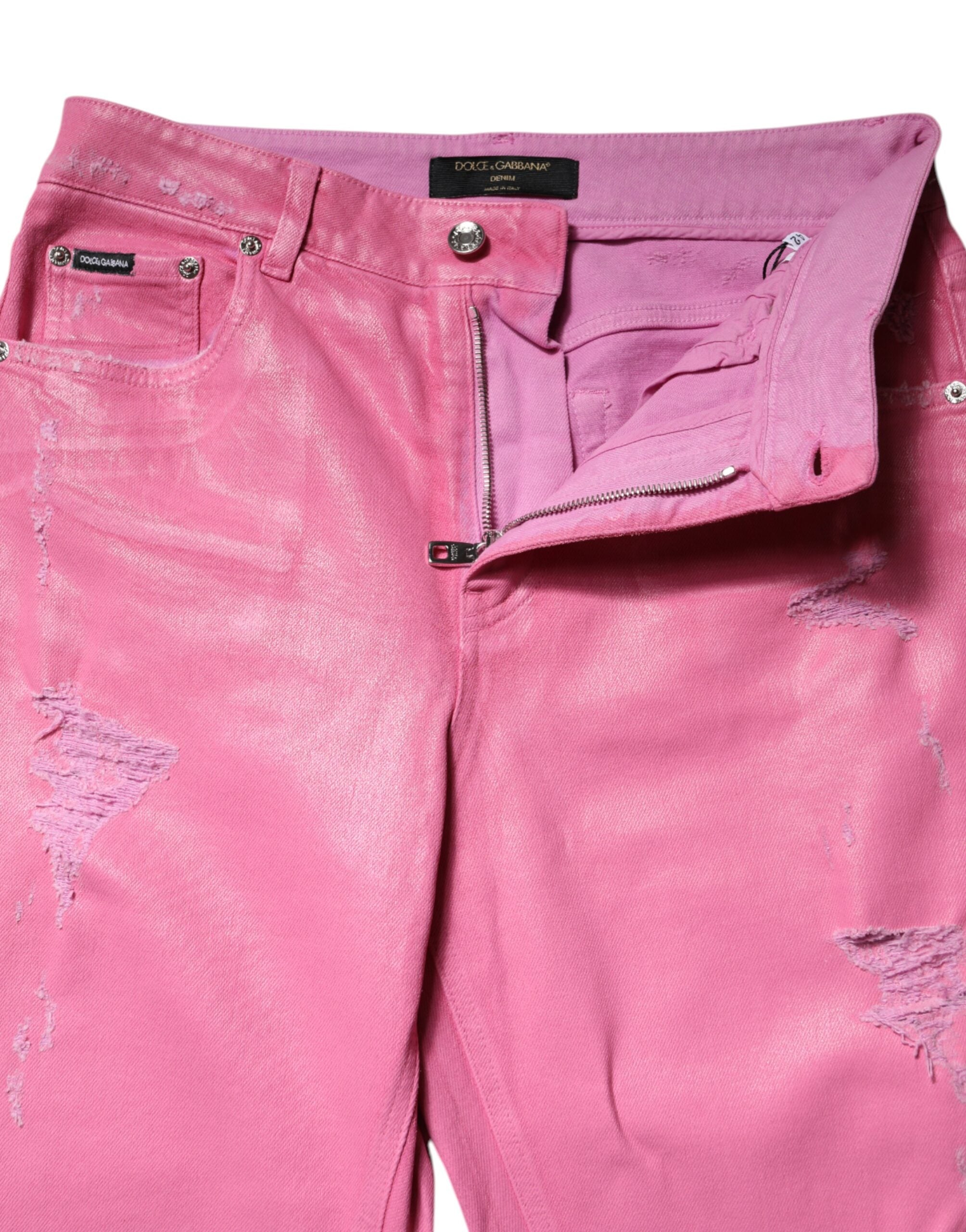 Pink Tattered Mid Waist Tapered Denim Jeans - ventzia