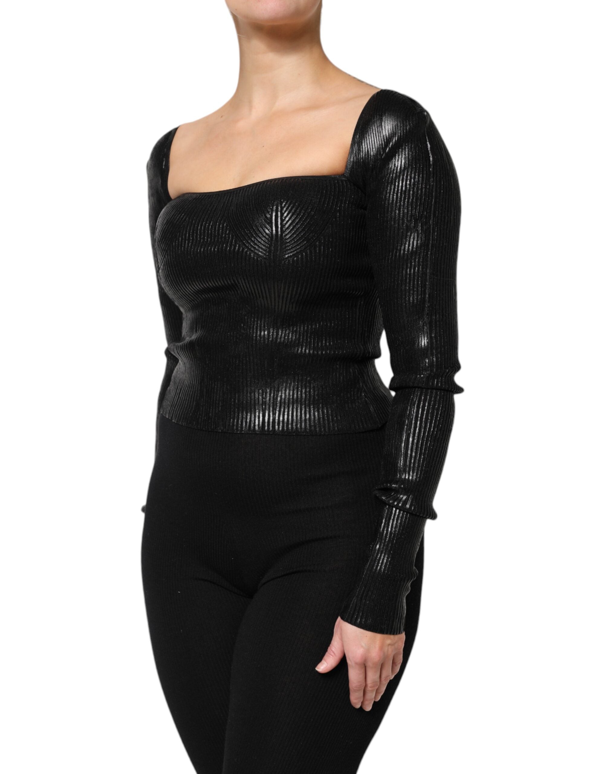 Black Viscose Long Sleeves Fitted Blouse Top - ventzia