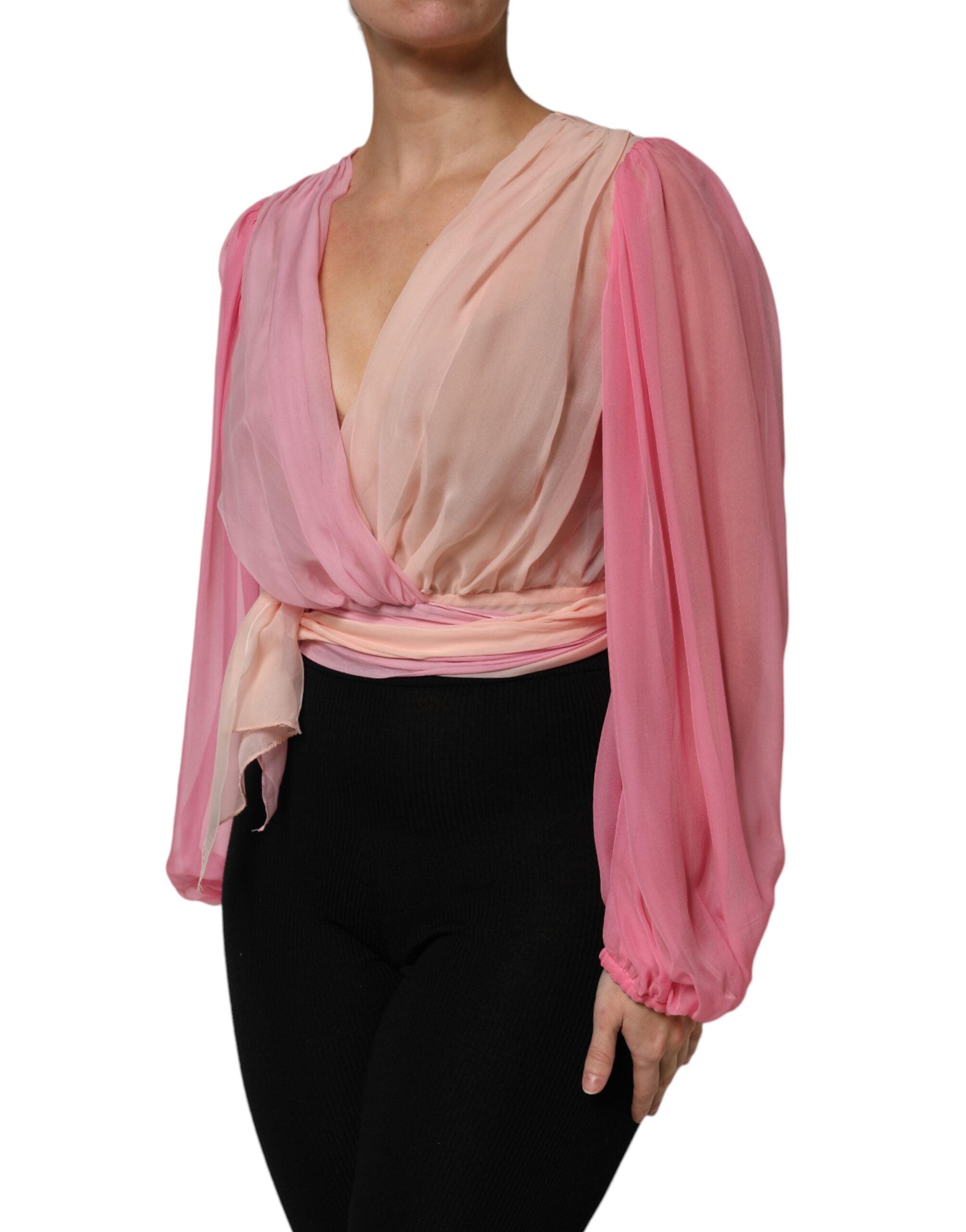 Pink Plunging V-neck Long Sleeves Blouse Top - ventzia
