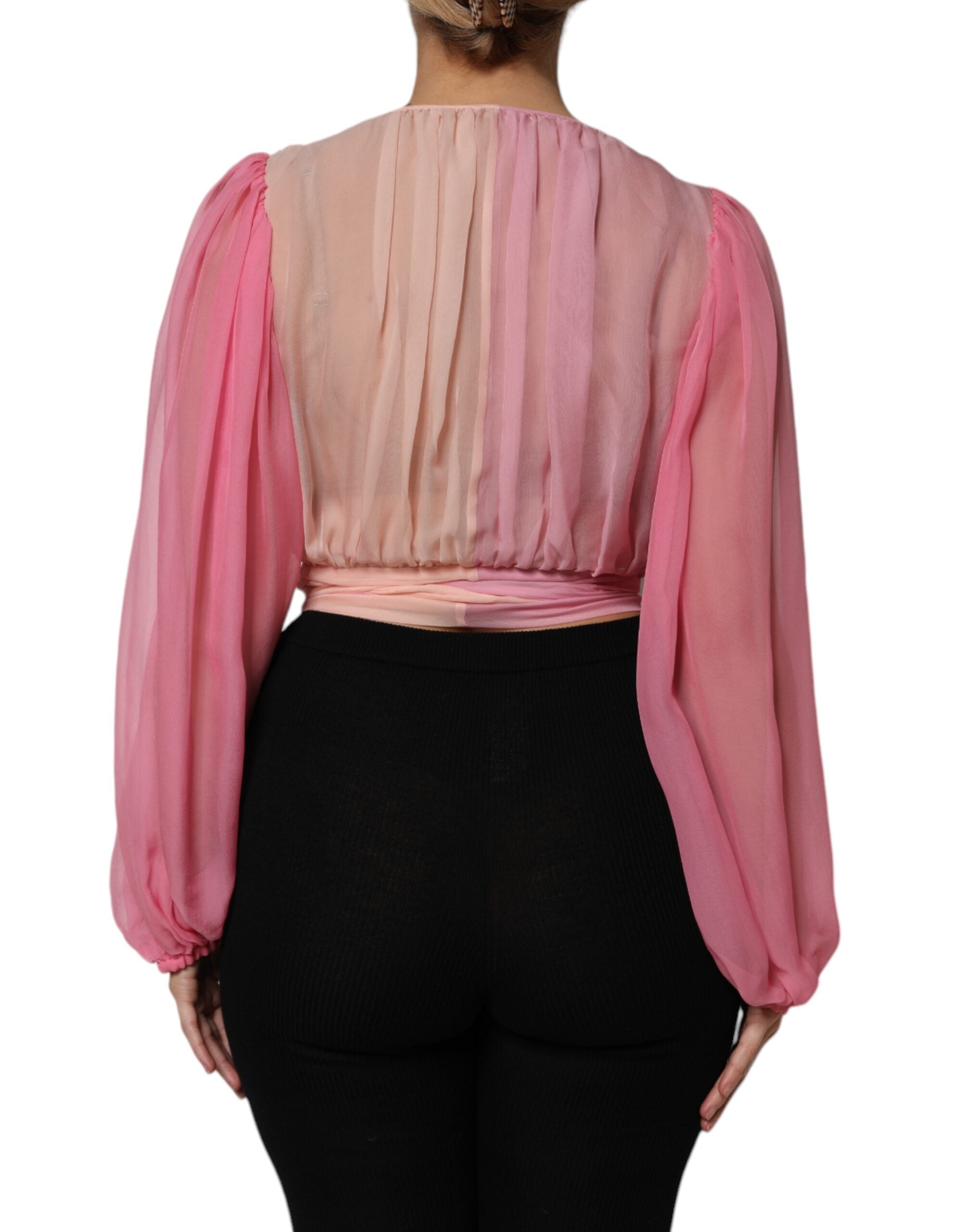 Pink Plunging V-neck Long Sleeves Blouse Top - ventzia