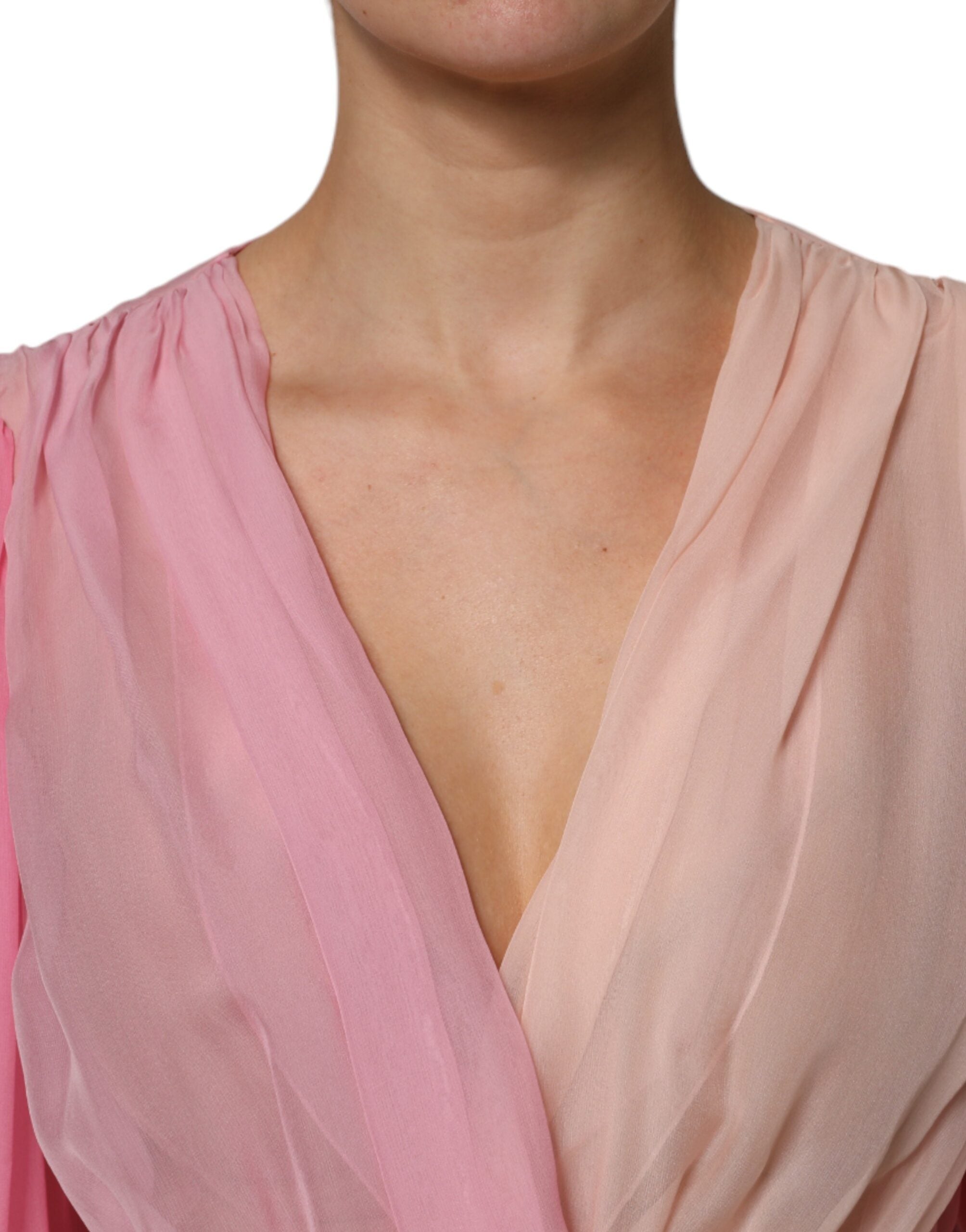 Pink Plunging V-neck Long Sleeves Blouse Top - ventzia