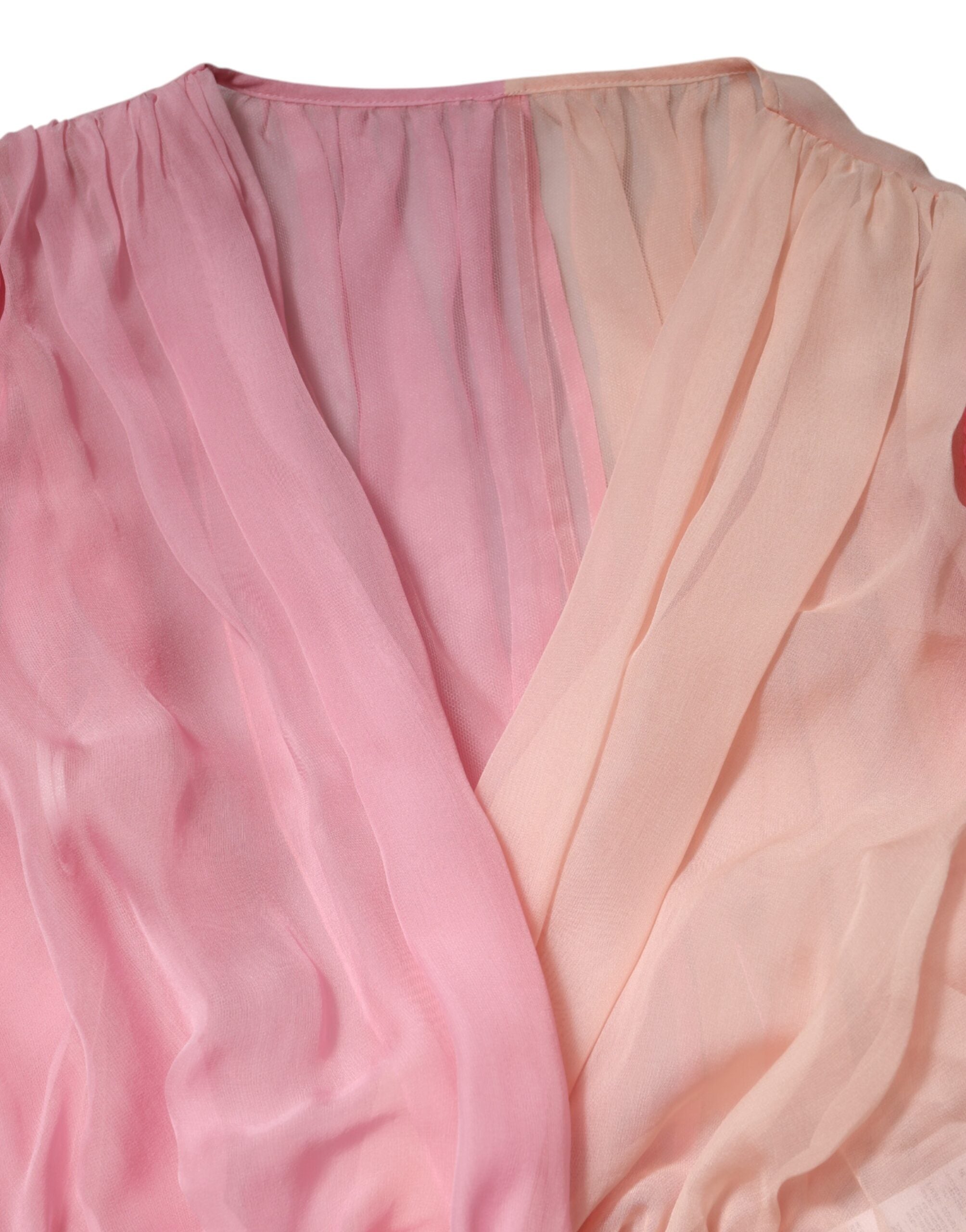 Pink Plunging V-neck Long Sleeves Blouse Top - ventzia
