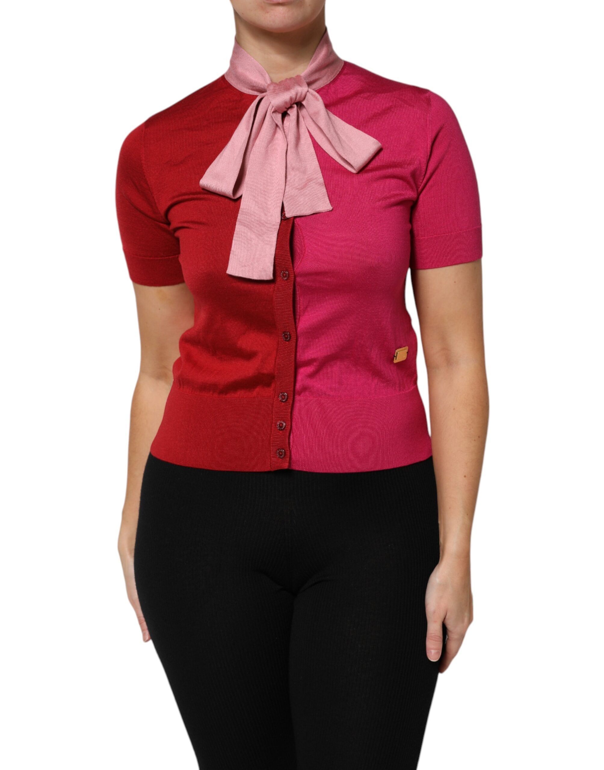 Pink Short Sleeves Buttoned Ascot Collar Top - ventzia