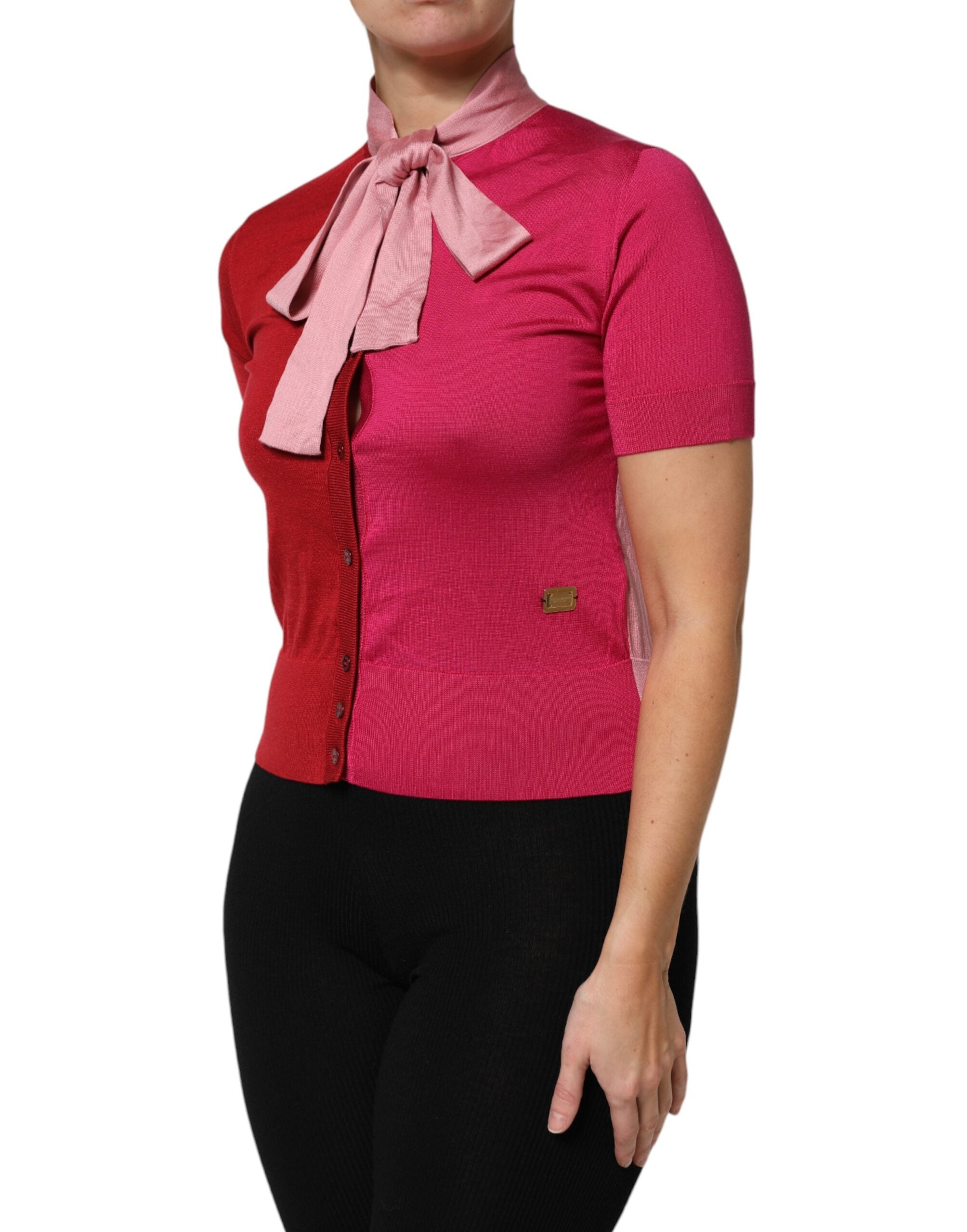 Pink Short Sleeves Buttoned Ascot Collar Top - ventzia