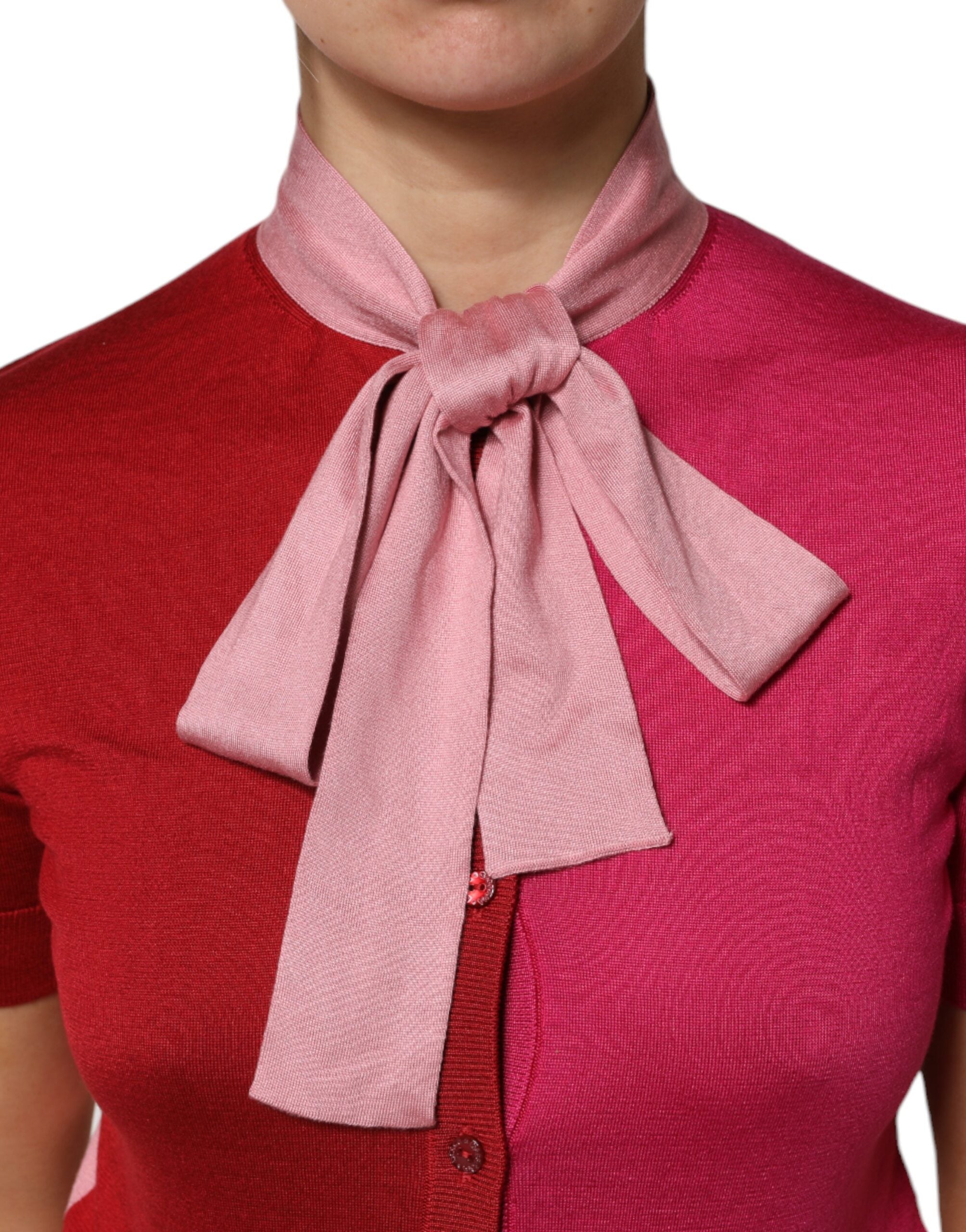 Pink Short Sleeves Buttoned Ascot Collar Top - ventzia