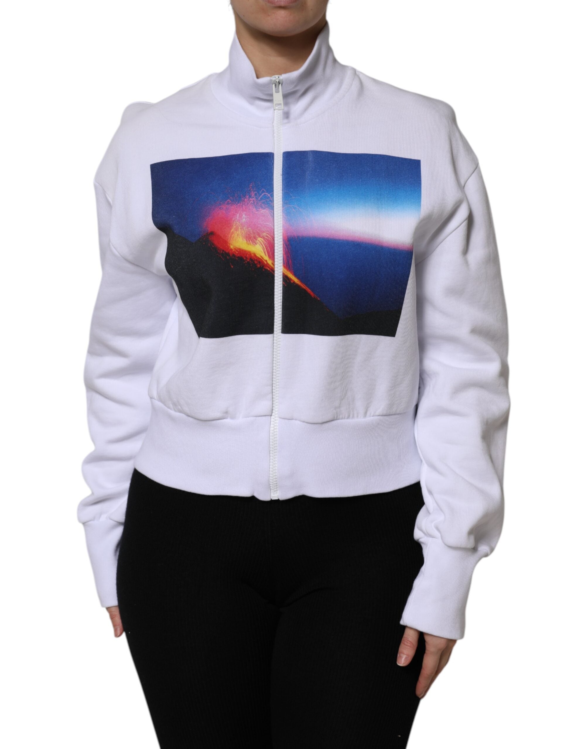 White Graphic Print Cotton Long Sleeves Full Zip Bomber Jacket - ventzia
