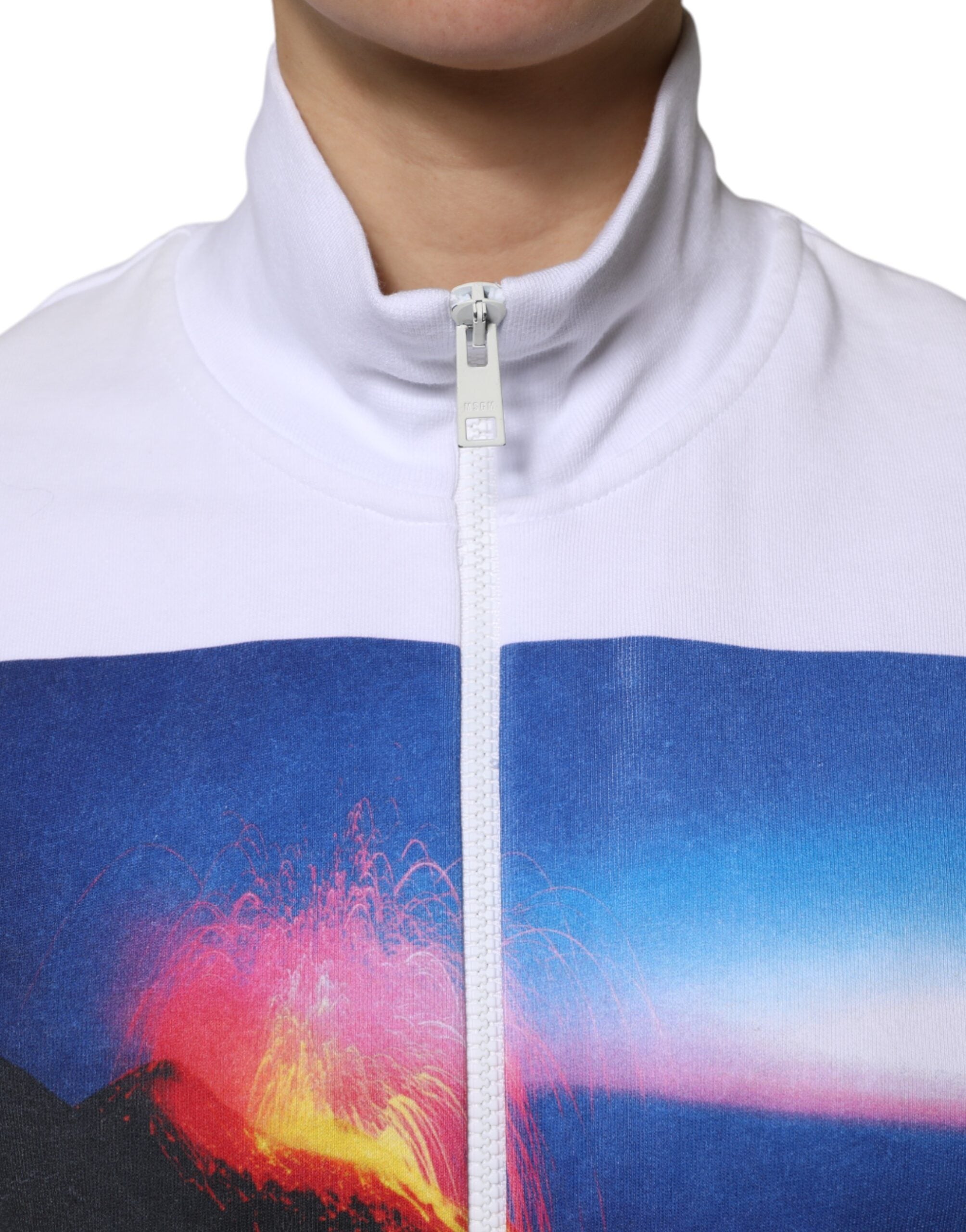 White Graphic Print Cotton Long Sleeves Full Zip Bomber Jacket - ventzia