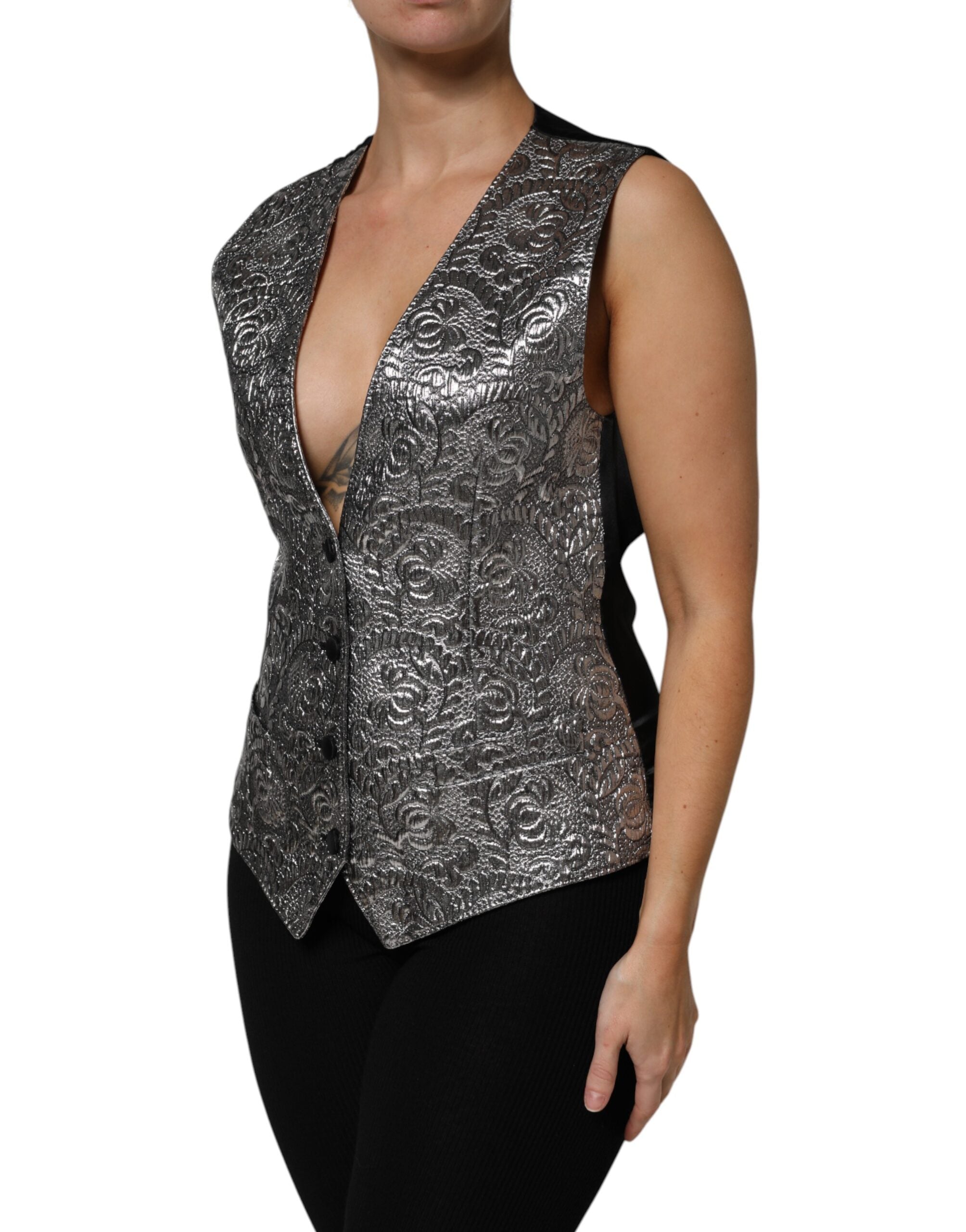 Silver Floral Jacquard Sleeveless Vest Top - ventzia