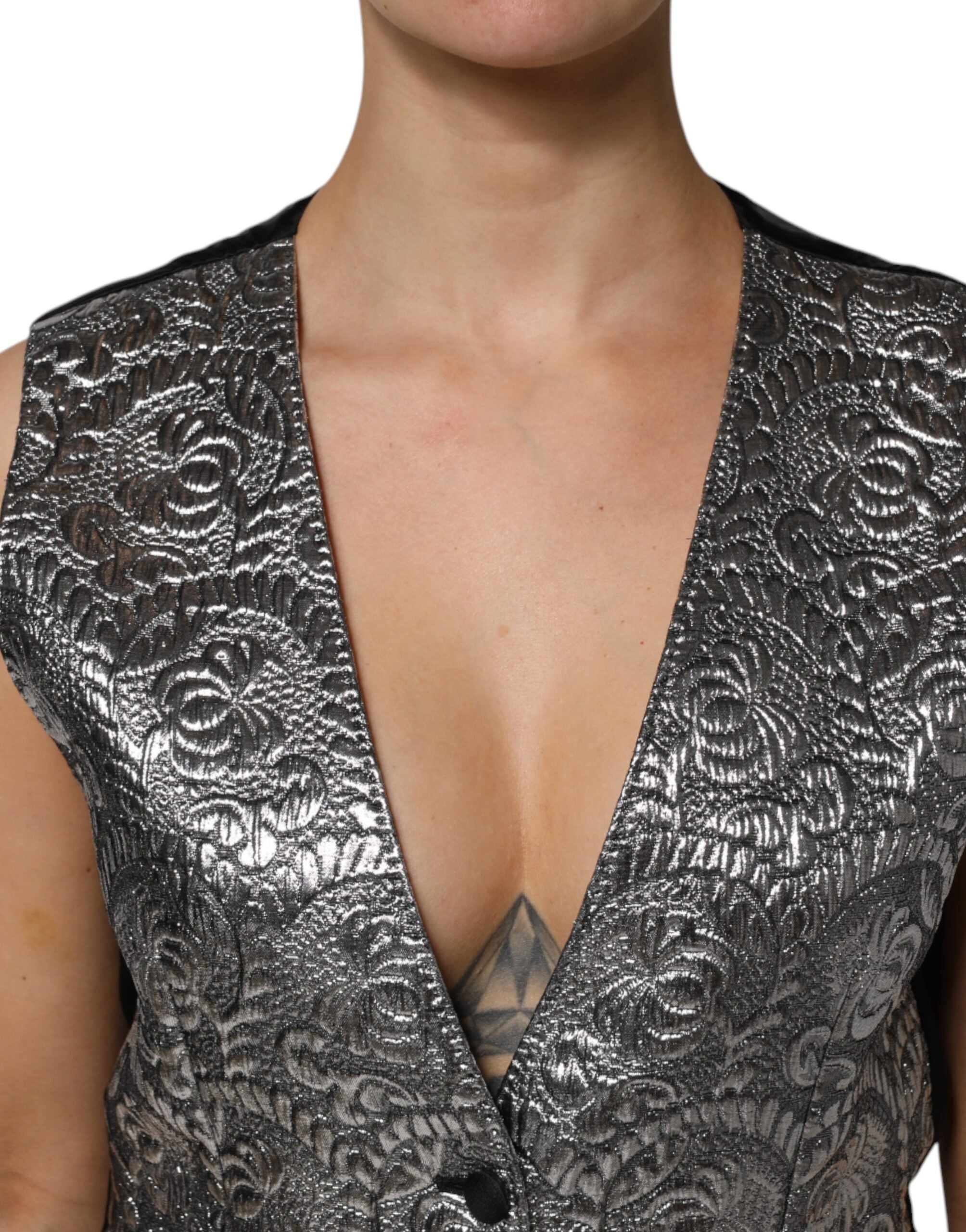 Silver Floral Jacquard Sleeveless Vest Top - ventzia