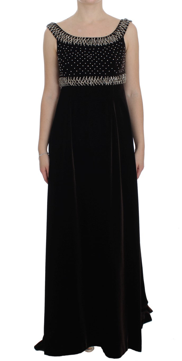 Elegant Brown Velvet Crystal Gown - ventzia