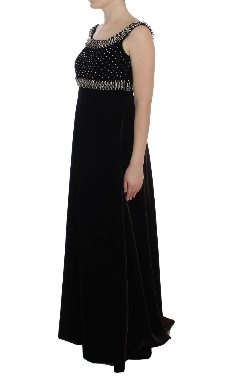 Elegant Brown Velvet Crystal Gown - ventzia
