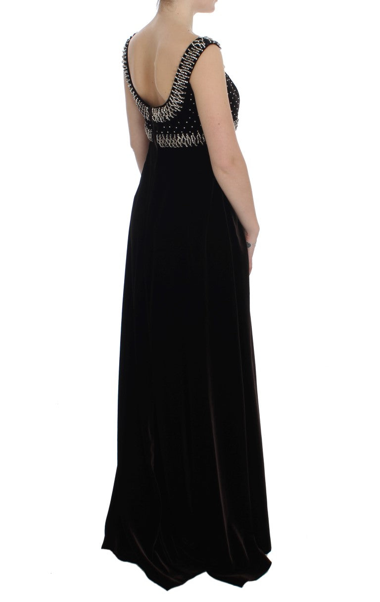Elegant Brown Velvet Crystal Gown - ventzia