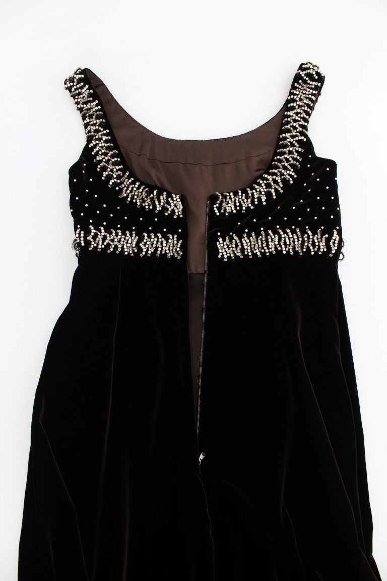 Elegant Brown Velvet Crystal Gown - ventzia