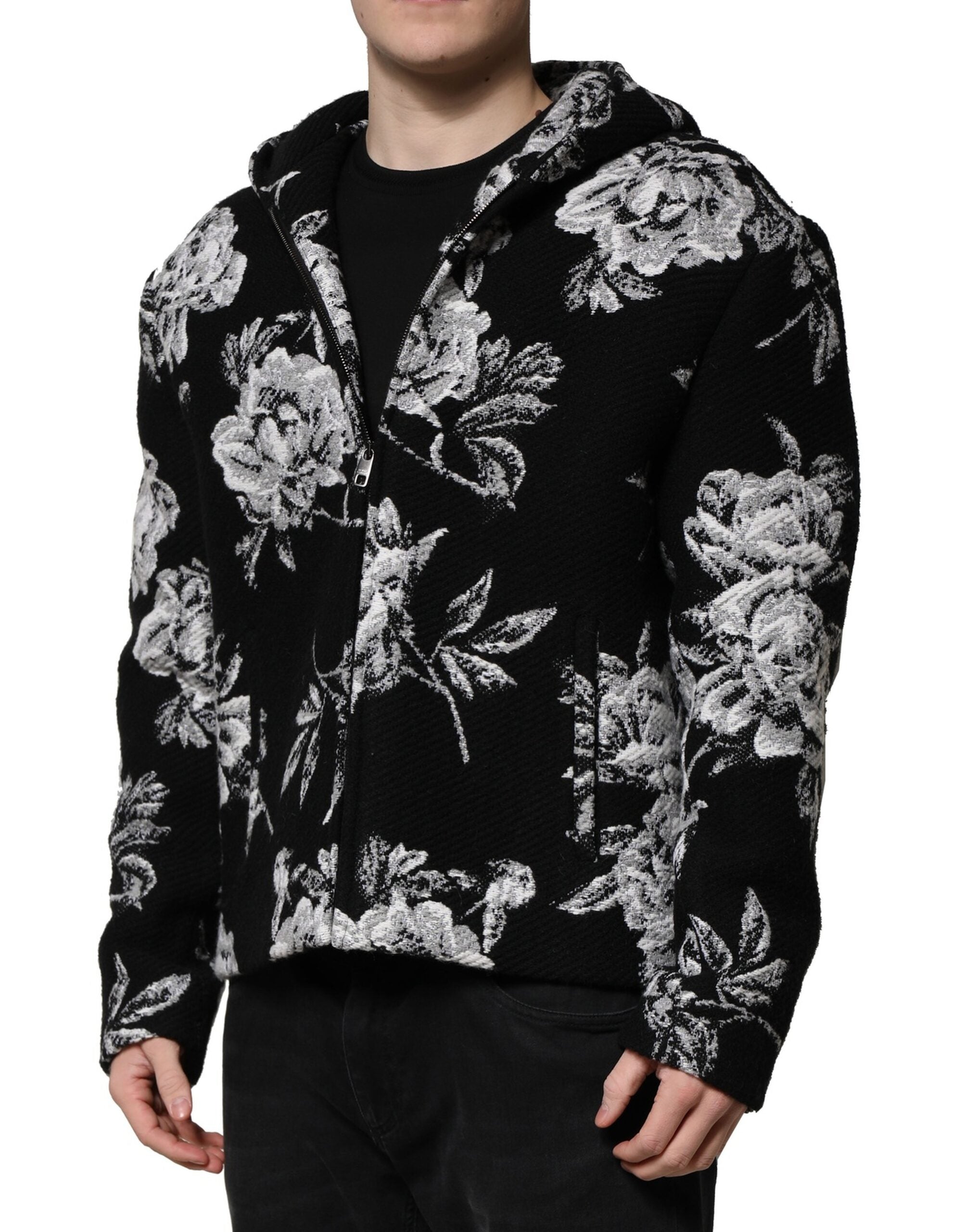 Black Wool Floral Printed Men Hooded Jacket - ventzia