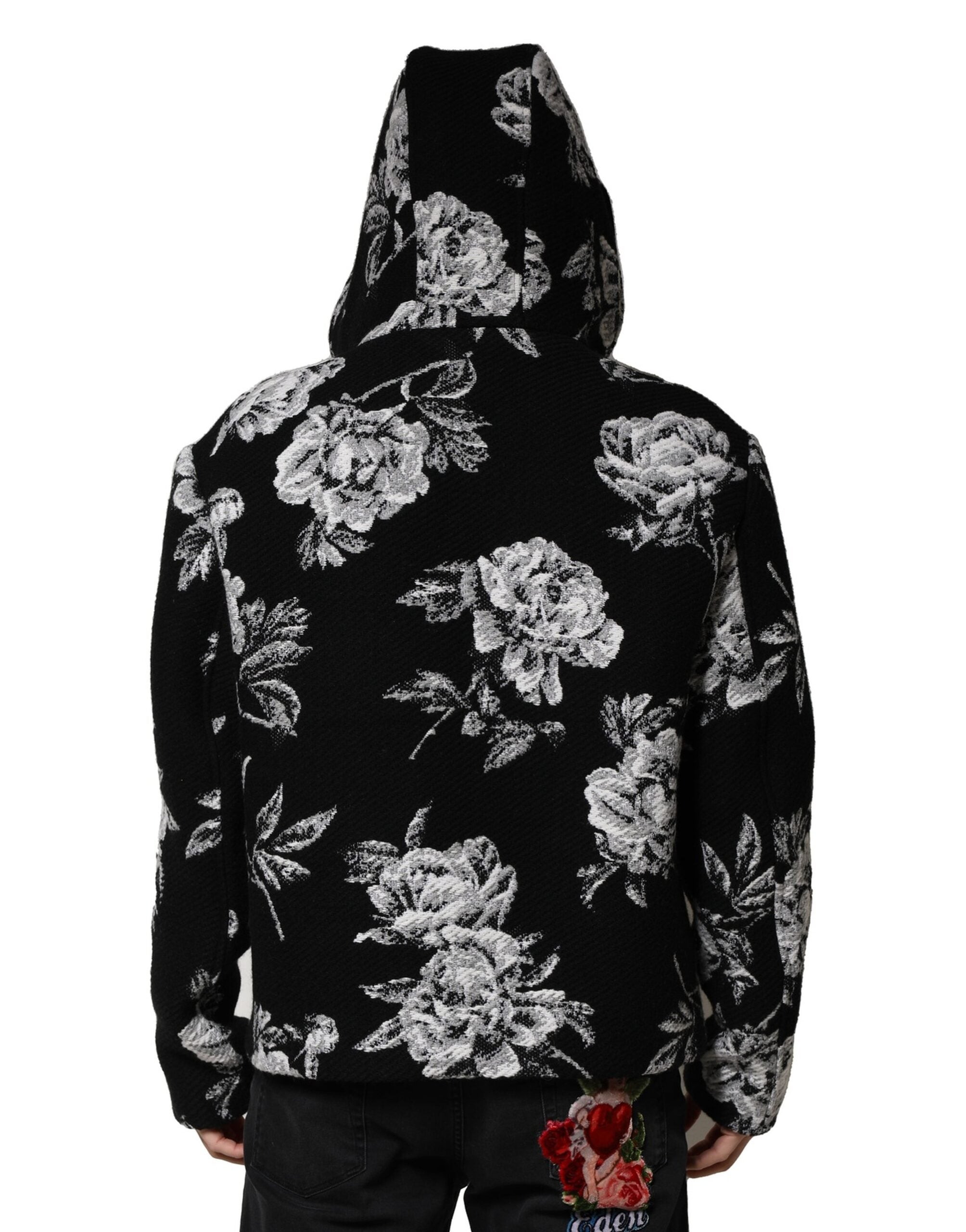 Black Wool Floral Printed Men Hooded Jacket - ventzia