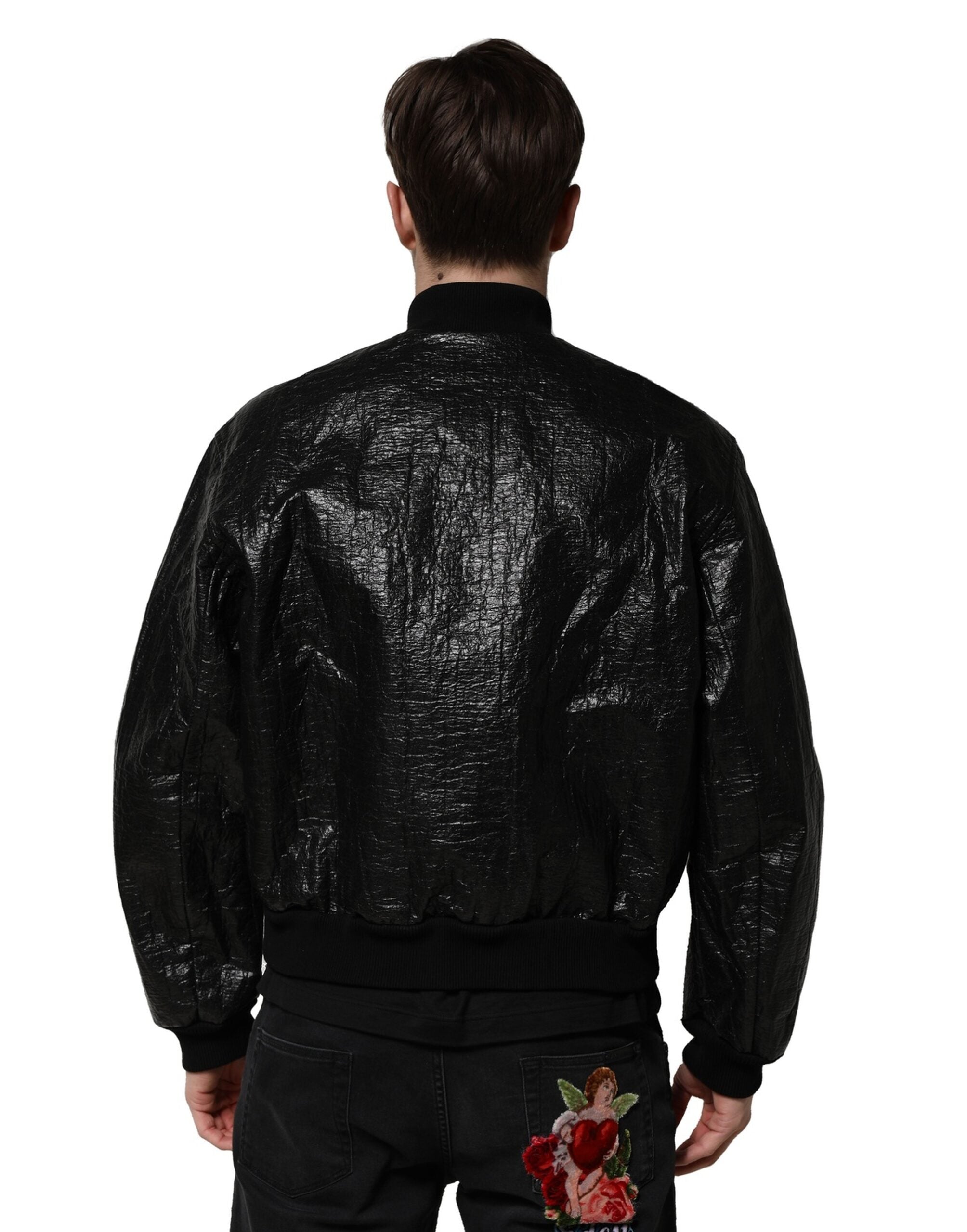 Black Logo Plaque Bomber Full Zipper Jacket - ventzia