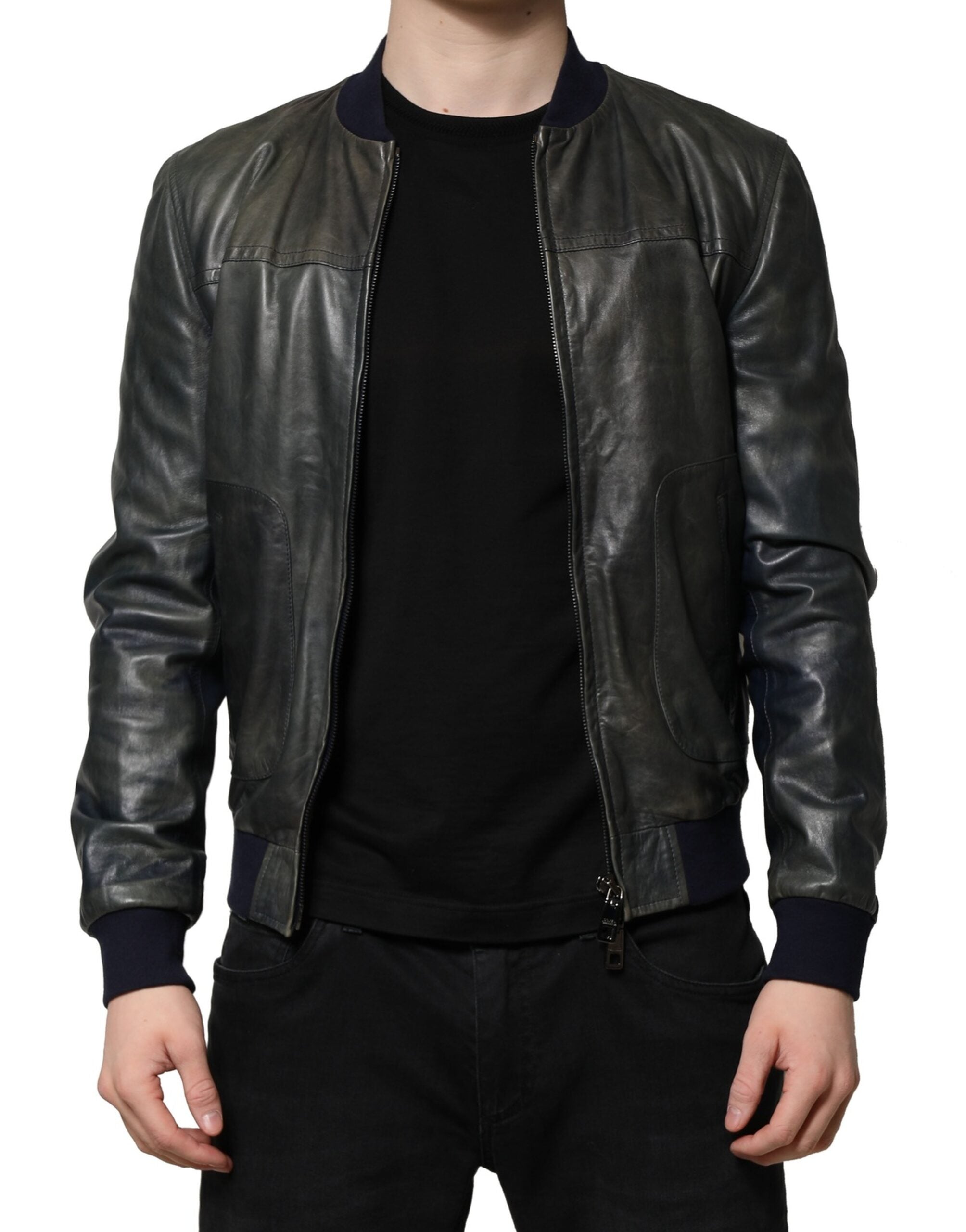 Black Lambskin Leather Biker Full Zip Jacket - ventzia