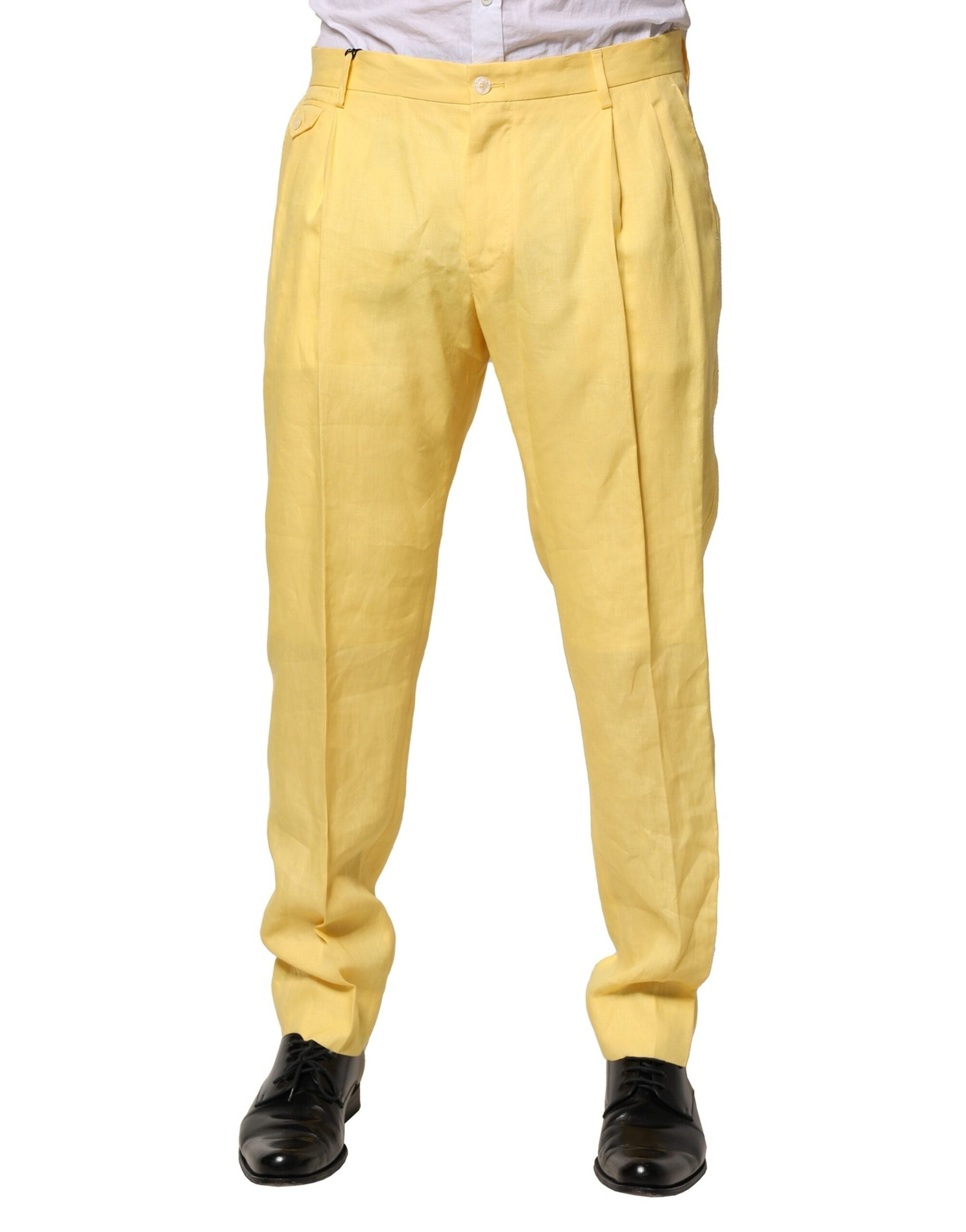Yellow Flax Tapered Dress Men Pants - ventzia