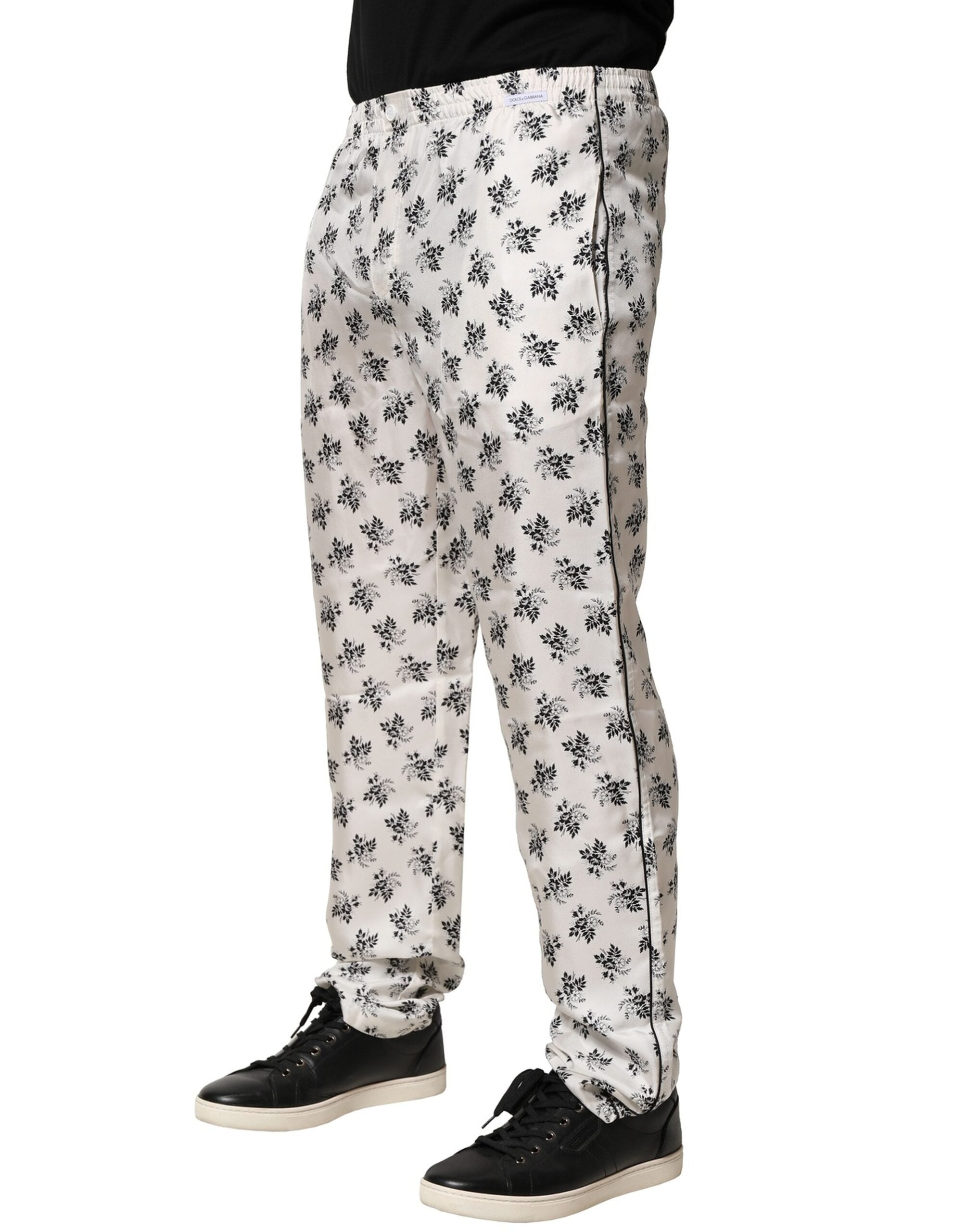 White Floral Silk Casual Lounge Pants - ventzia