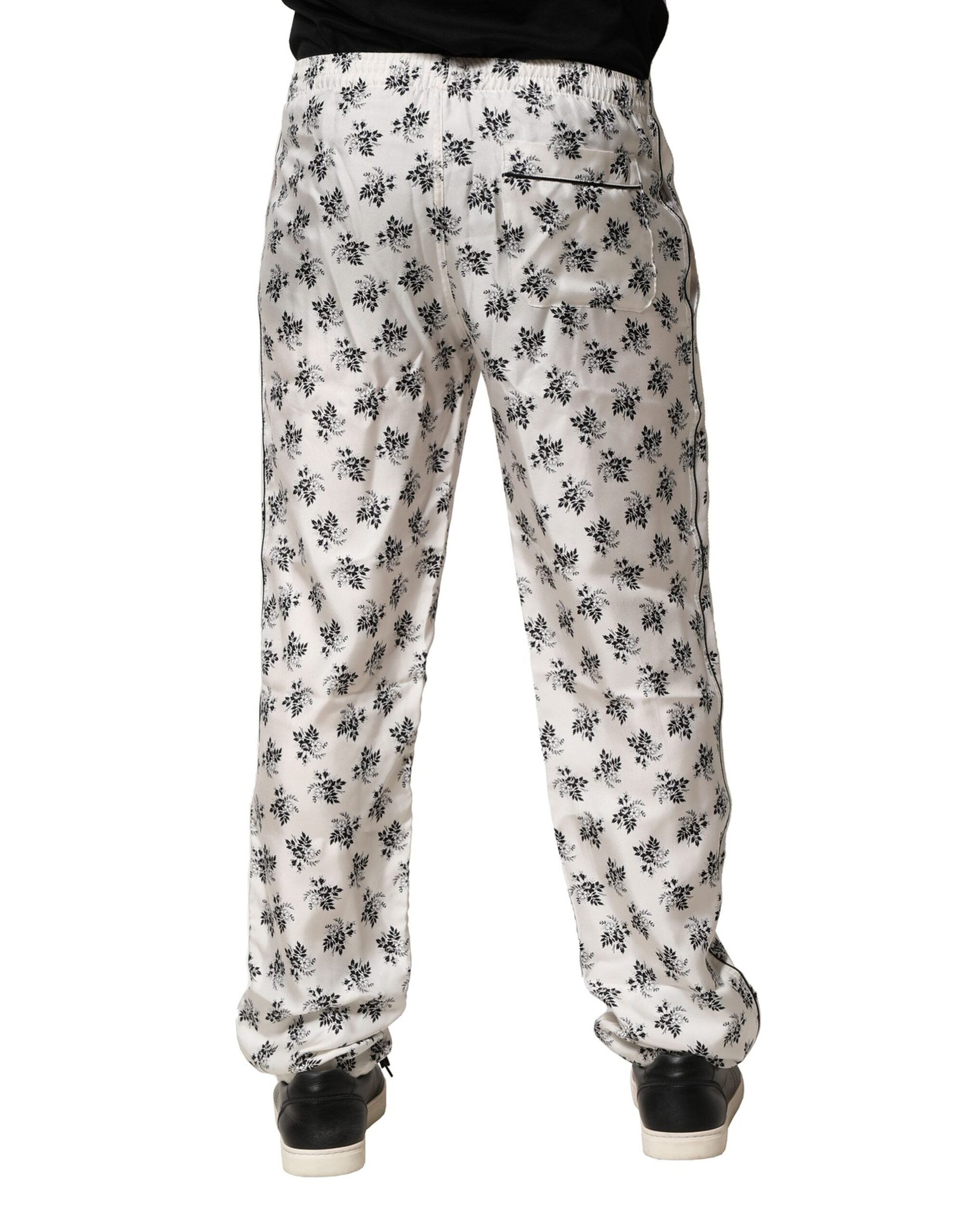White Floral Silk Casual Lounge Pants - ventzia