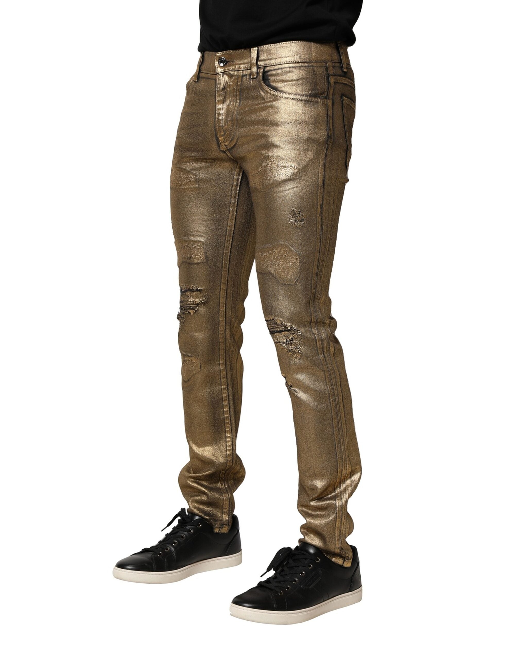 Gold Tattered Cotton Stretch Slim Denim Jeans - ventzia