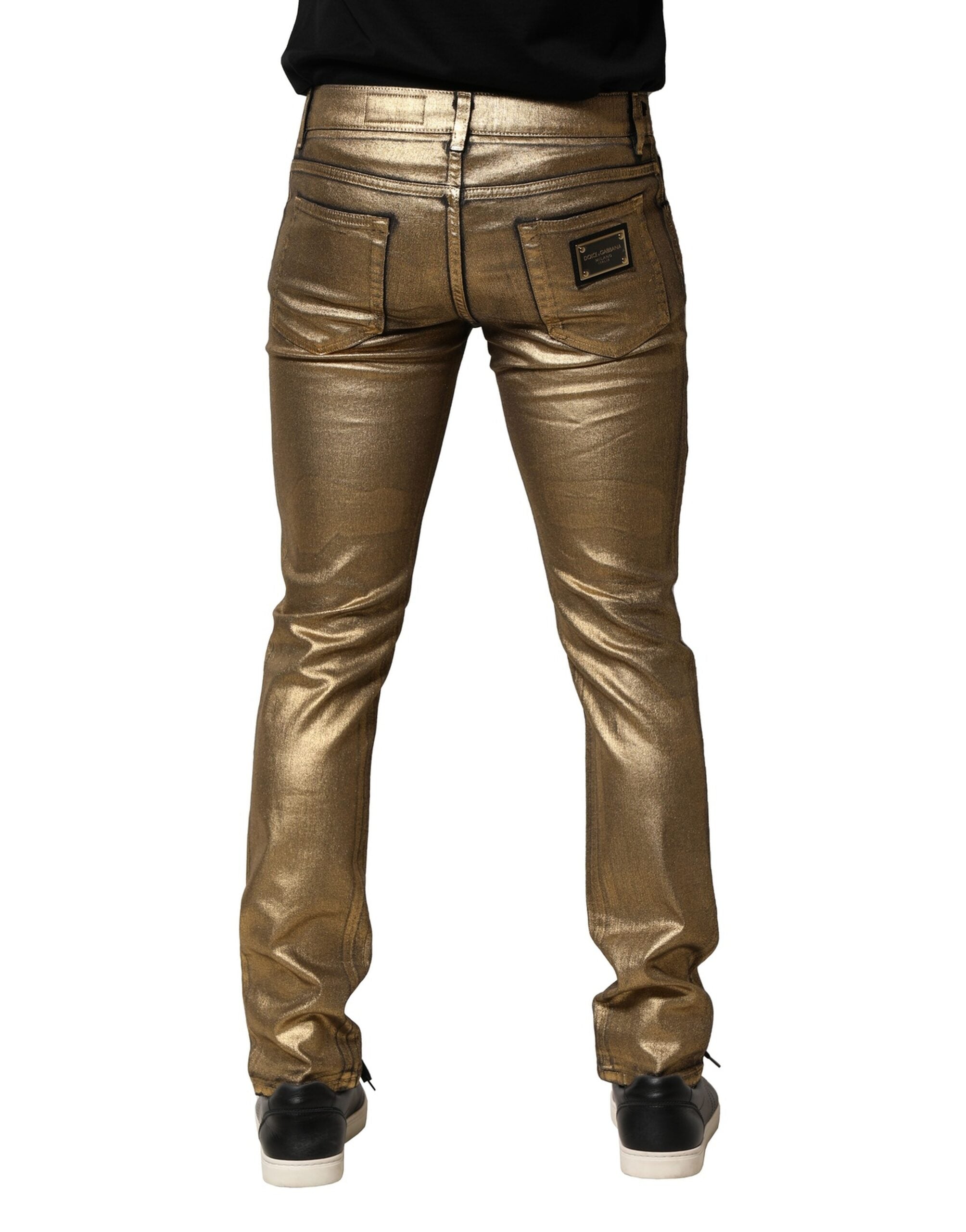 Gold Tattered Cotton Stretch Slim Denim Jeans - ventzia