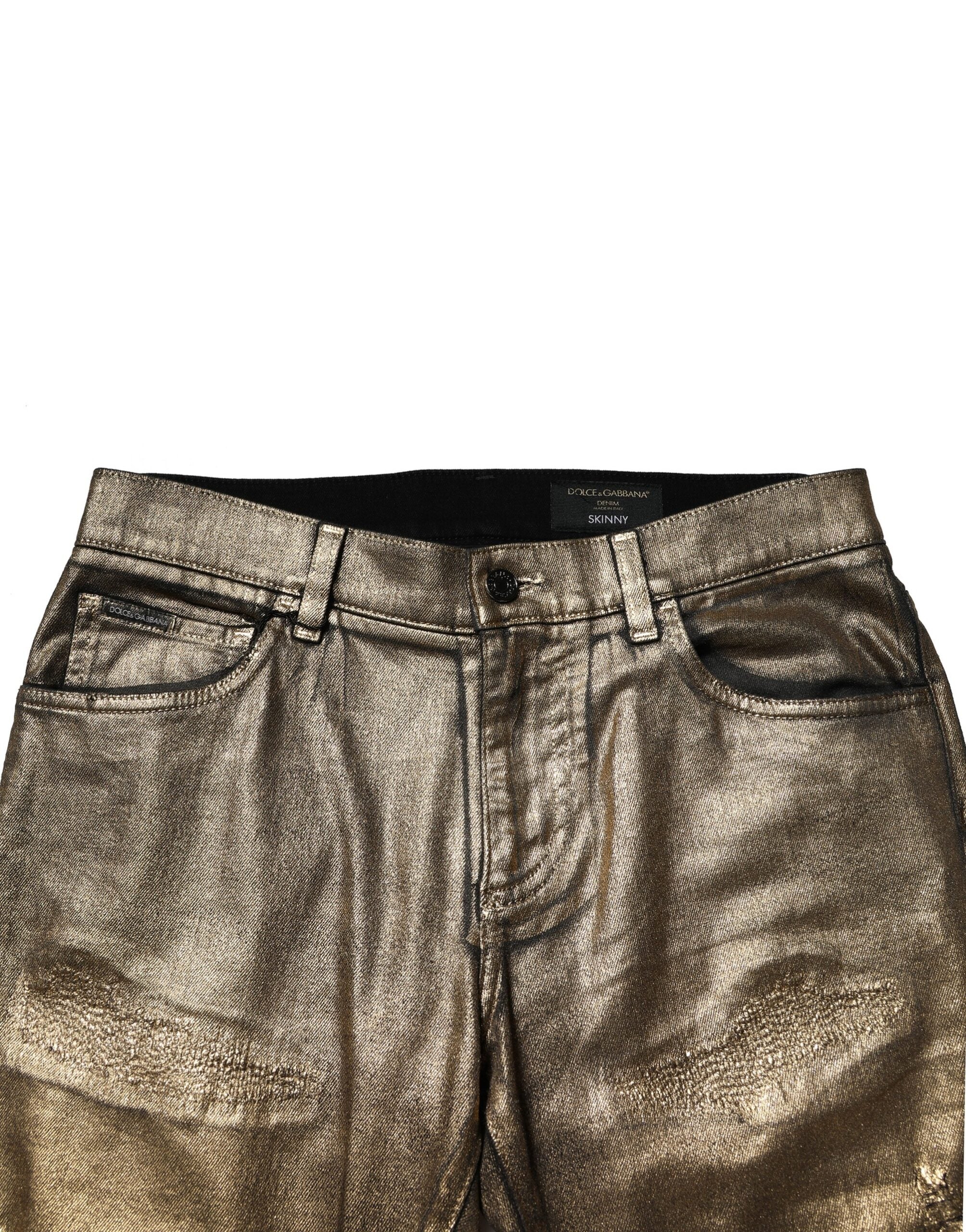 Gold Tattered Cotton Stretch Slim Denim Jeans - ventzia