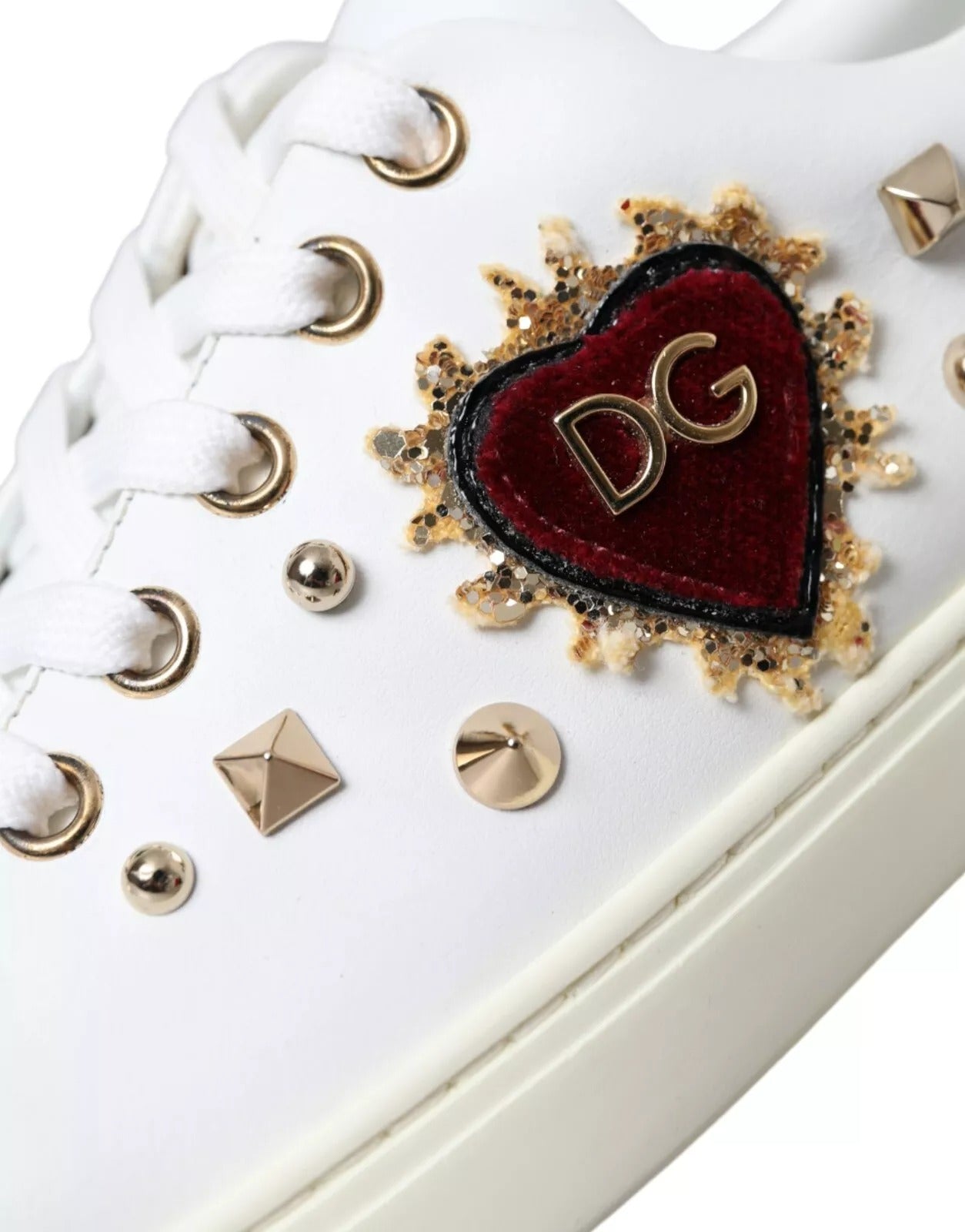 White Leather Gold Red Heart Sneakers Shoes - ventzia