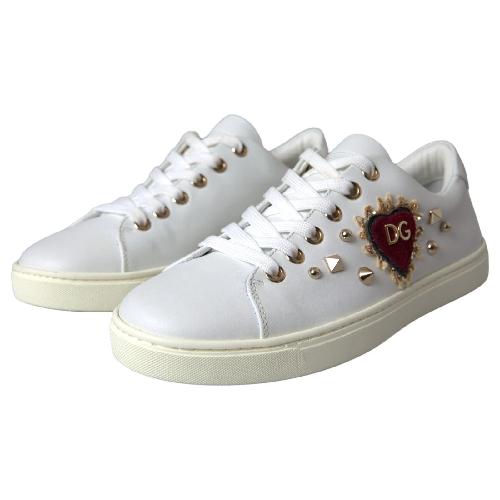 White Leather Gold Red Heart Sneakers Shoes - ventzia