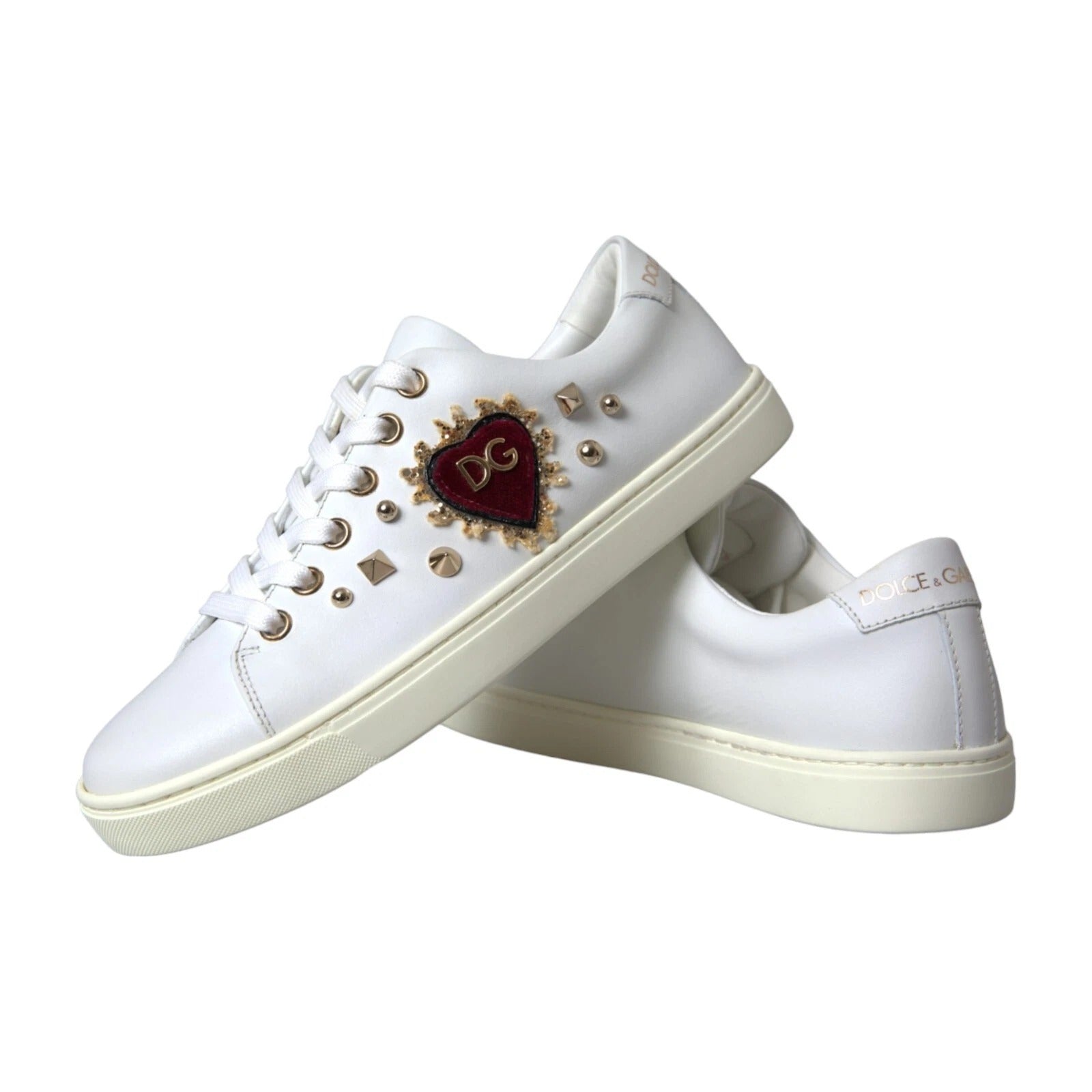 White Leather Gold Red Heart Sneakers Shoes - ventzia