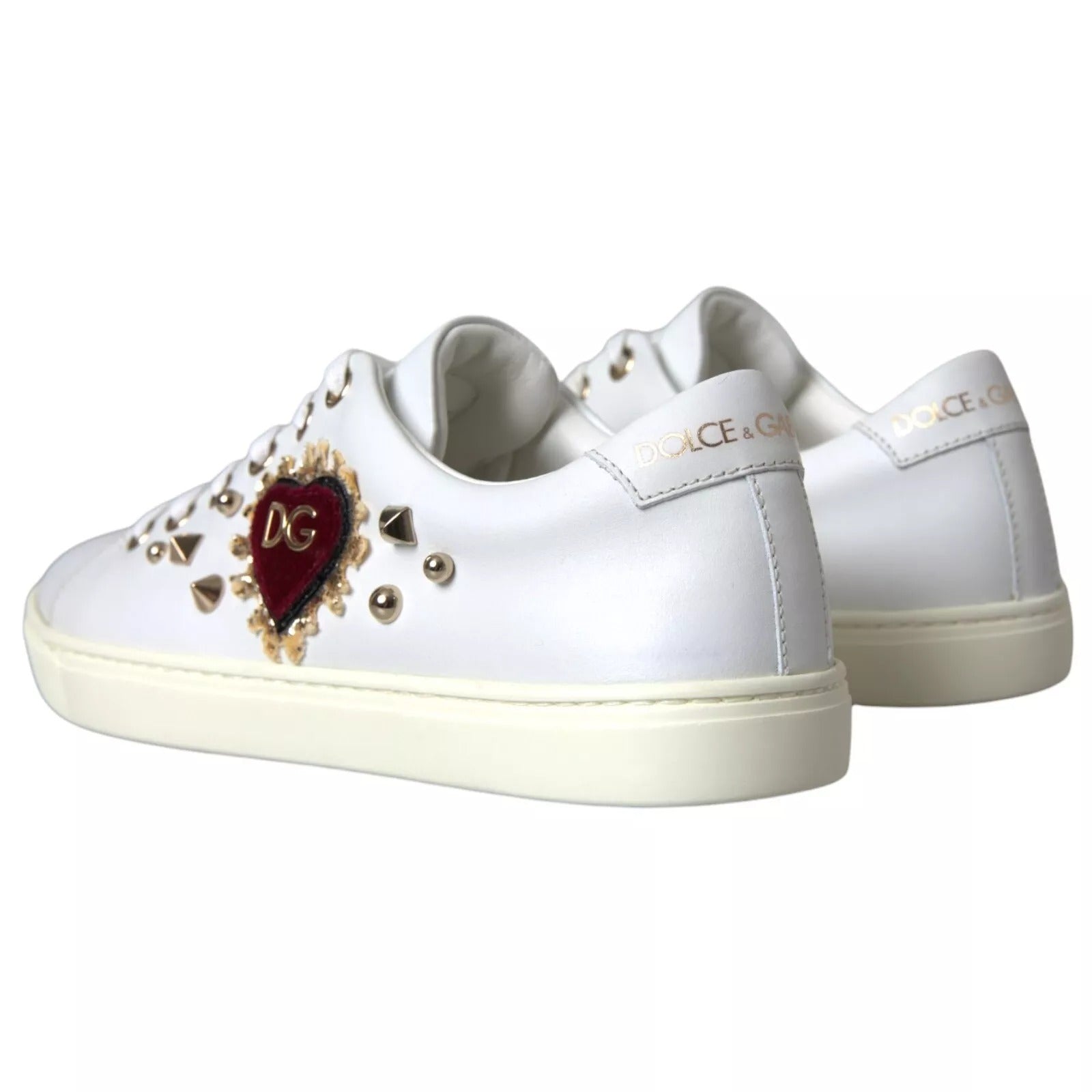 White Leather Gold Red Heart Sneakers Shoes - ventzia