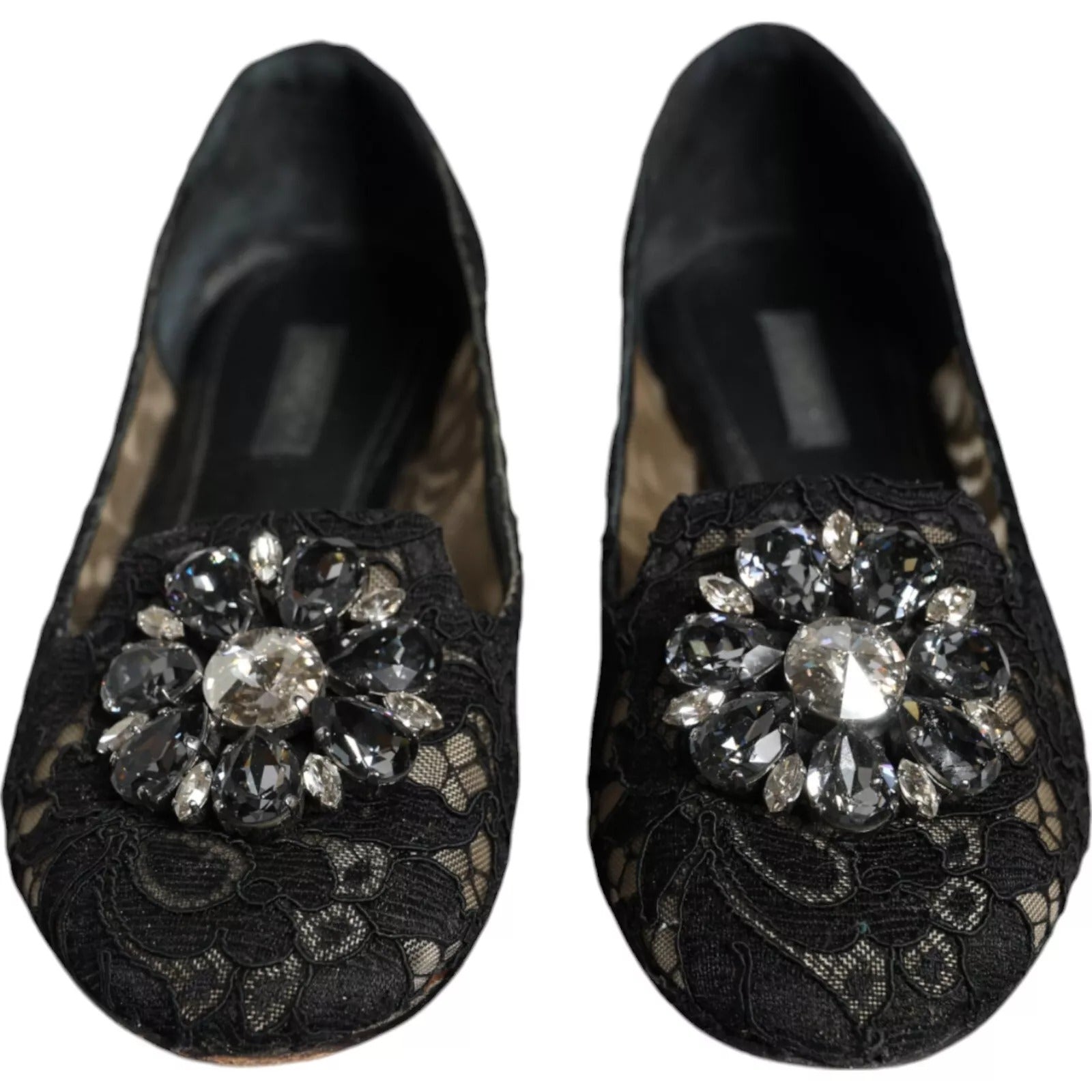 Black Lace Crystal Ballet Flats Loafer Shoes - ventzia