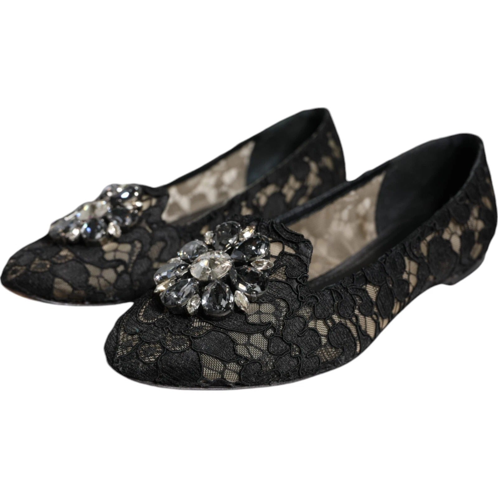 Black Lace Crystal Ballet Flats Loafer Shoes - ventzia