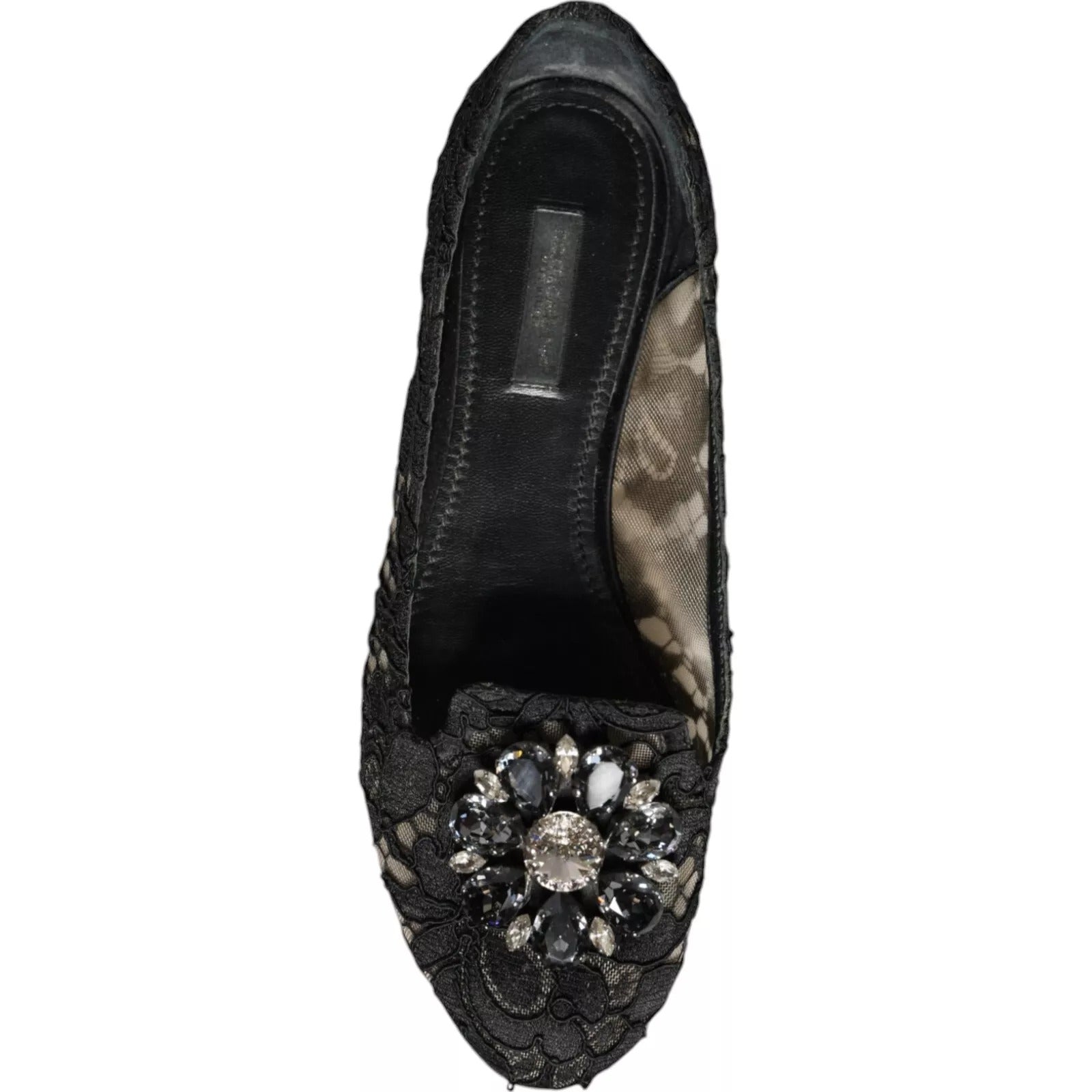Black Lace Crystal Ballet Flats Loafer Shoes - ventzia