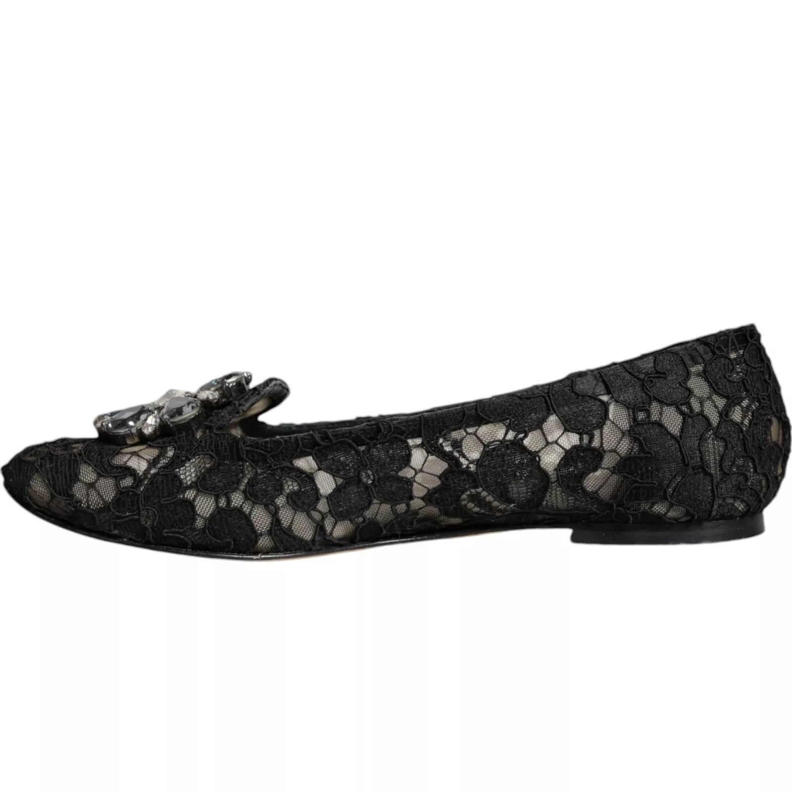 Black Lace Crystal Ballet Flats Loafer Shoes - ventzia