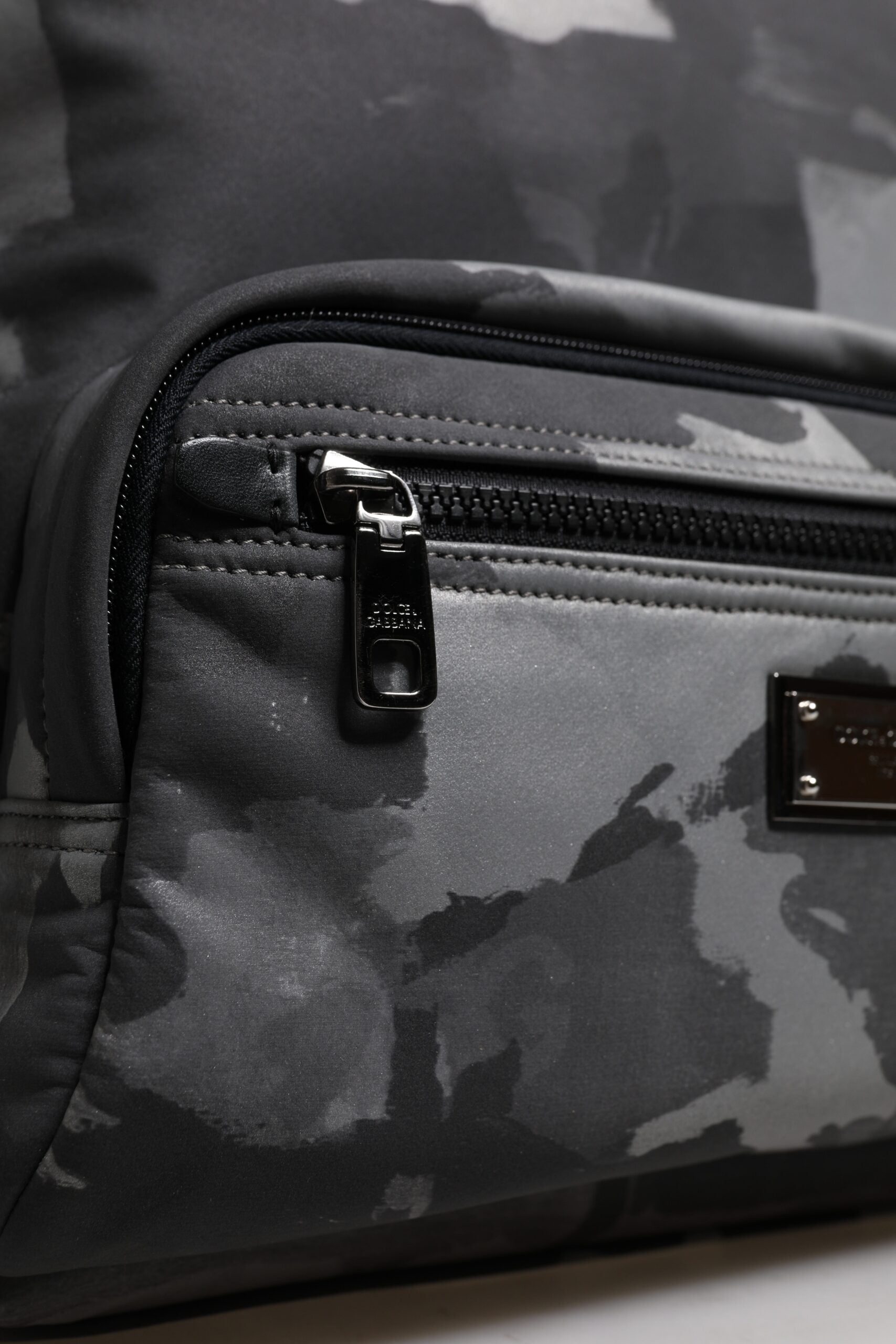 Gray Cotton Camouflage Logo Plaque Backpack Bag - ventzia