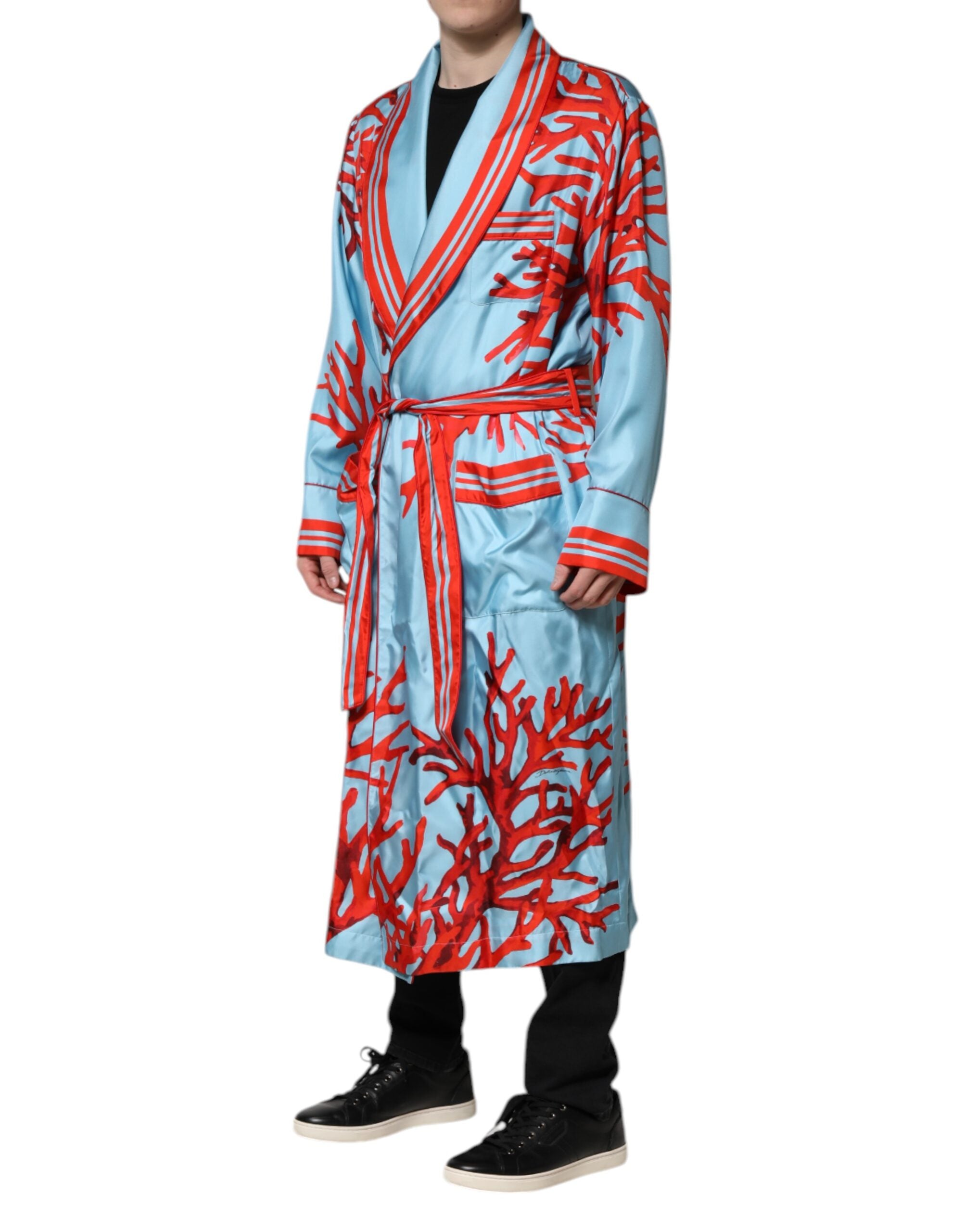 Blue Red Coral Print Wrap Robe Coat Jacket - ventzia