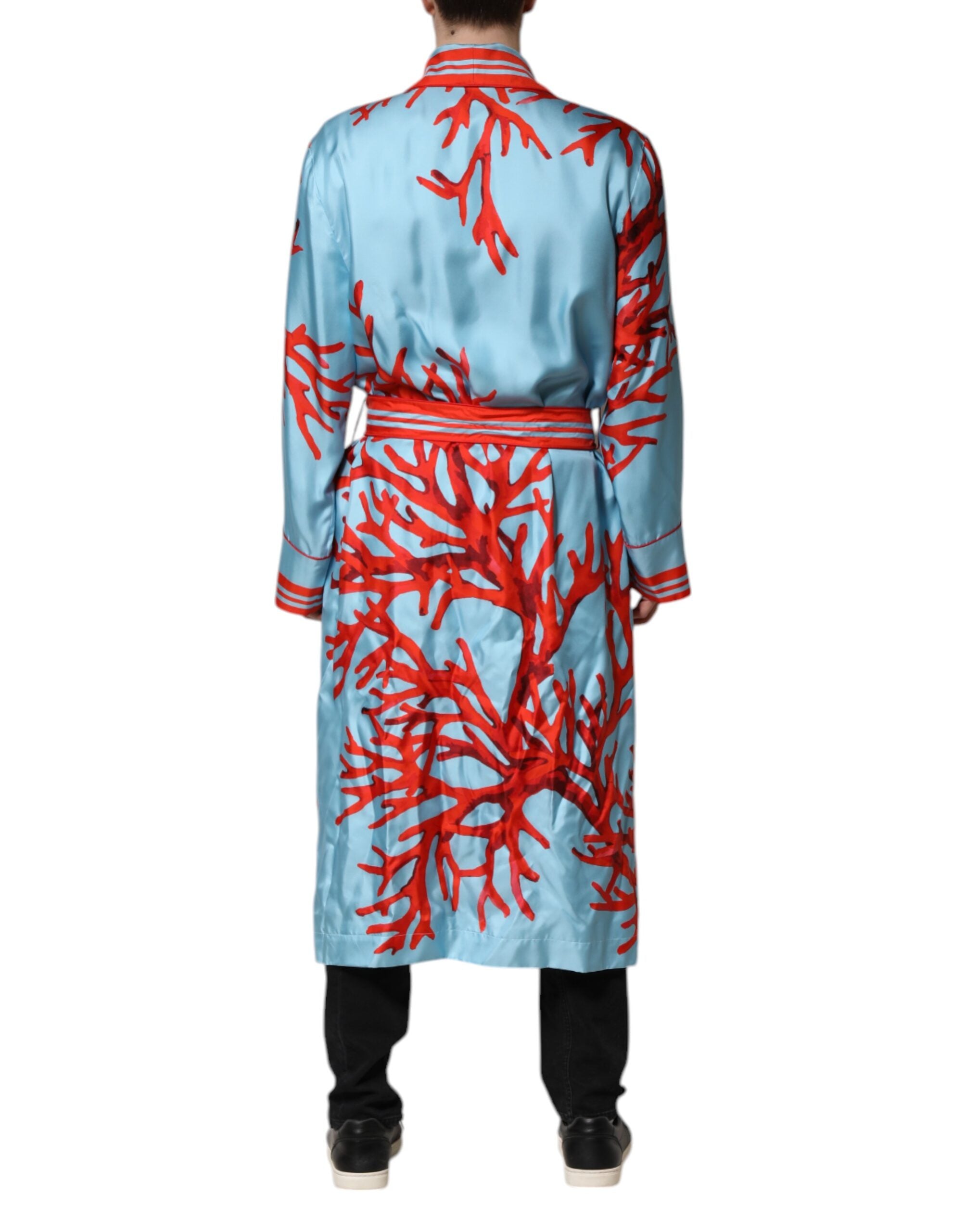 Blue Red Coral Print Wrap Robe Coat Jacket - ventzia